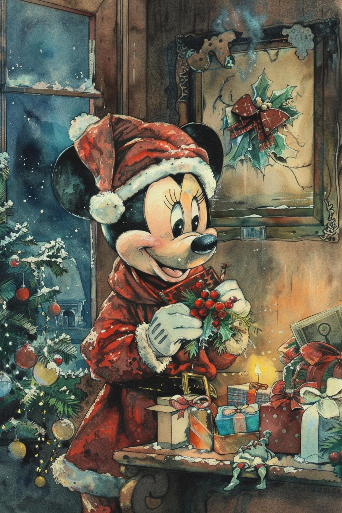 Disney characters dressed for Christmas, watercolor, vintage, true detail, realistic, maximum quality