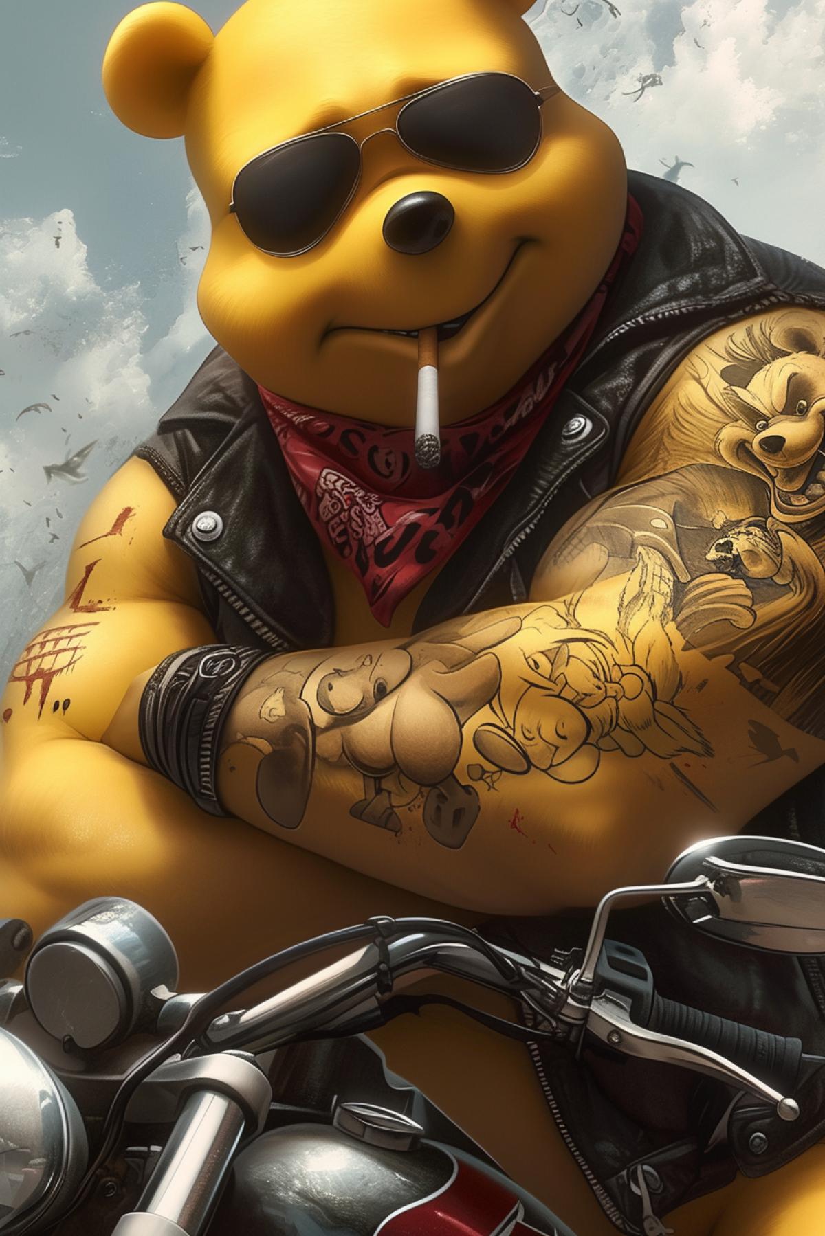 Winnie the Pooh biker, coolity, muscles, tattoos, bandana, cigarette in mouth, aviator glasses, highly detailed, packed with hidden details, style, high dynamic range, hyper realistic, realistic attention to detail, highly detailed, 32K, intense close ups, uhd image, realism, colorful realism