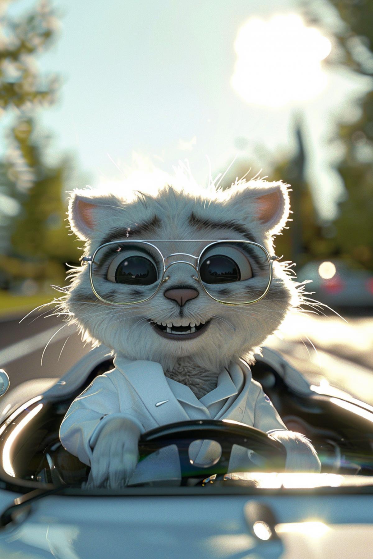 Pixar style, in sunny spring, a super cute and happy panther, wearing a white suit, wearing white glasses, driving a small white sports car, on the road, ultra-wide angle, bright big eyes, sweet smile, lively and cheerful smile, shiny white fluff, fluffy tail, fairy tale, spring background, bright color, natural light, ultra-clear, surreal, ultra-fine, Illusion engine, octane rendering, Tindal light effect, 8k, 3d,16K,ureal