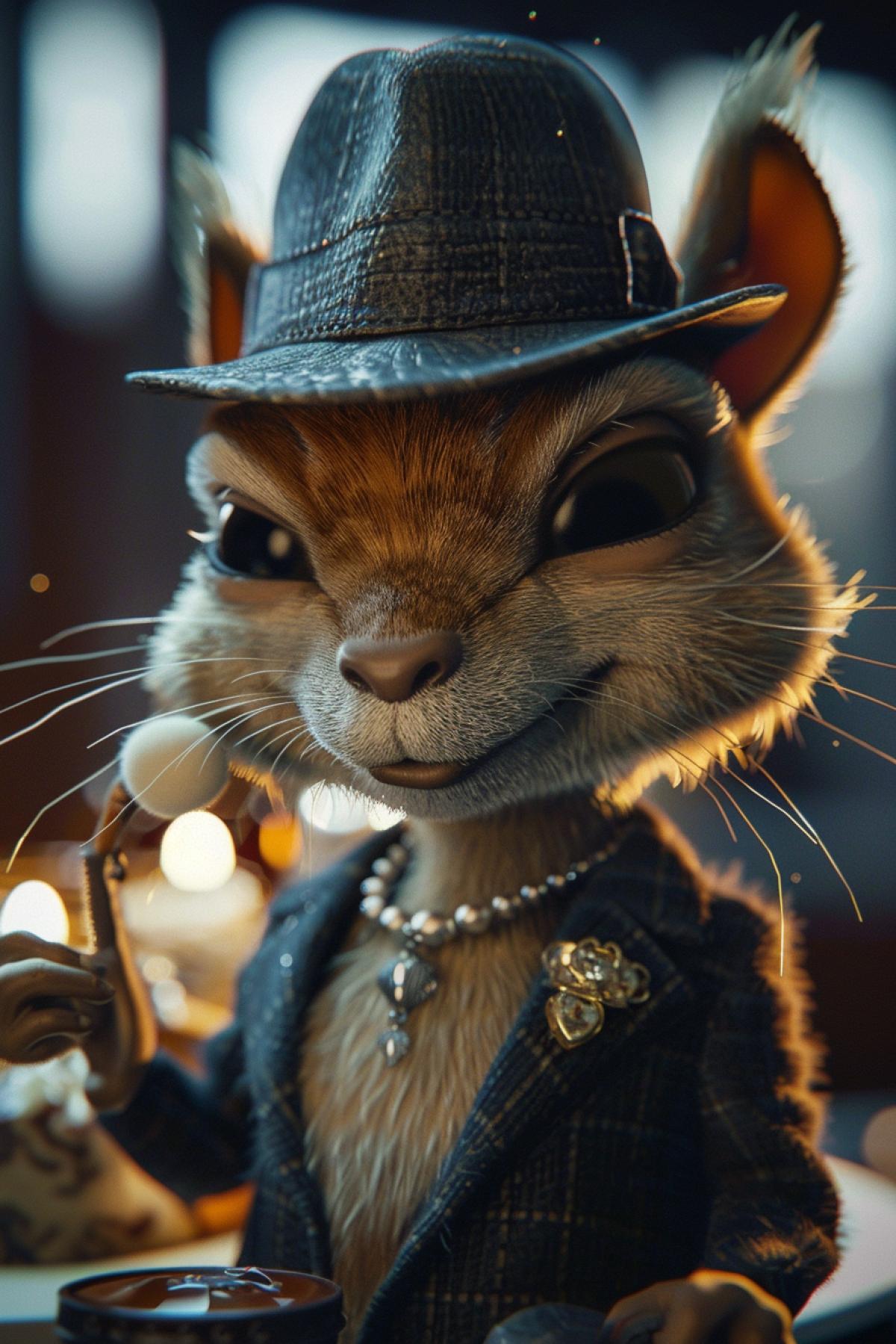 character design, Pixar Style, a photo realistic full-lenght body shot portrait of a anthropomorphic cute adorable little squirrel wearing a suit and a fedora and expensive jewelry, nft collection style, background light blur, octane render, high detail, cinematic, flashing lights 16k, action shot, cinematic, zoomed out, action 4k, sharp focus, dramatic lighting, centered view, post processing, color grading low angle shot, 30mm lens