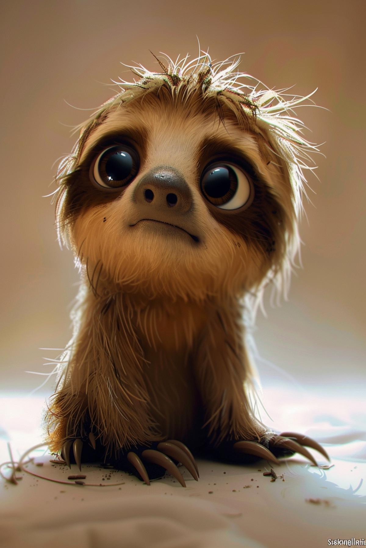 Baby sloth, huge eyes, humor, caricature, grotesque, childrens doodles, disheveled, goggle-eyed, cartoon, disheveled, funny sloth on a light background, in the style of an artist