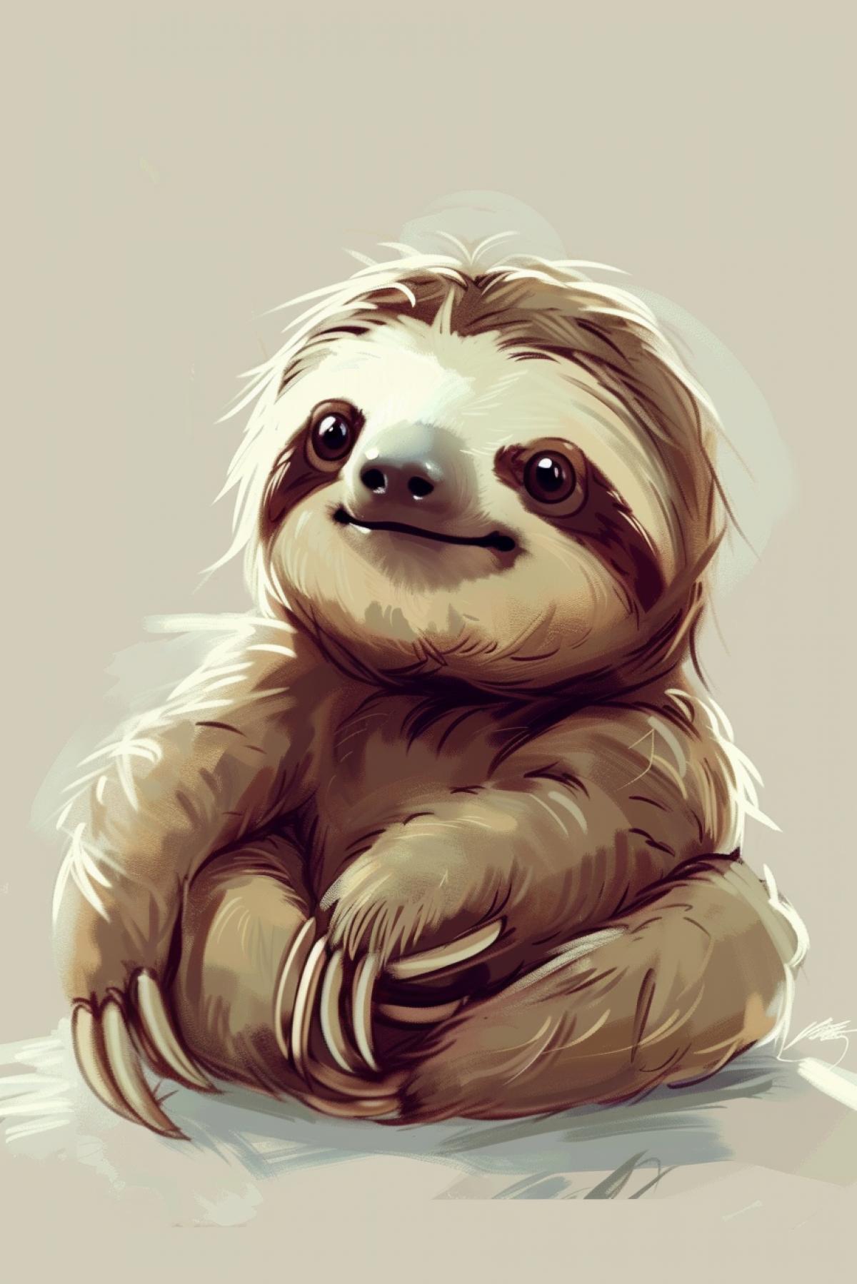 Baby sloth, huge eyes, humor, caricature, grotesque, childrens doodles, disheveled, goggle-eyed, cartoon, disheveled, funny sloth on a light background, in the style of an artist