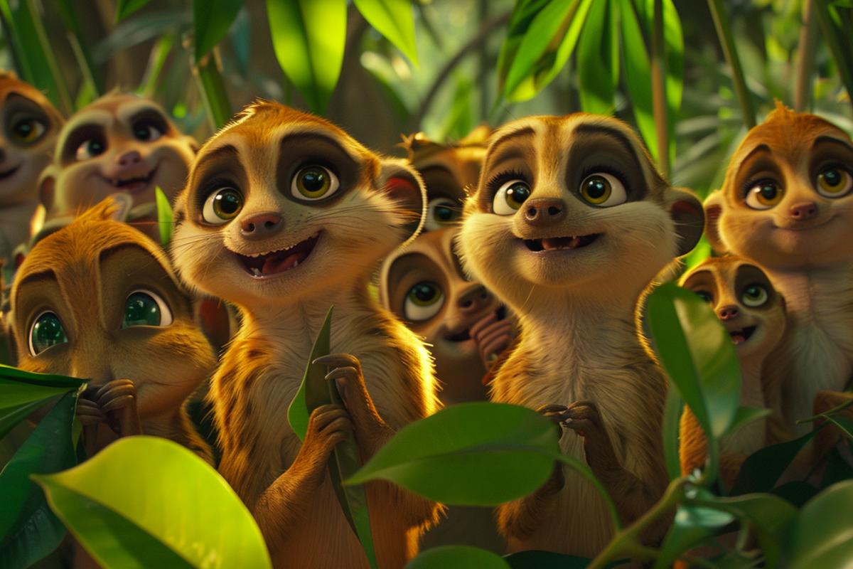 group of cheerful cartoon meerkats being funny silly in the style of anthropomorphic zoomorphic personified humanized animistic realistic
