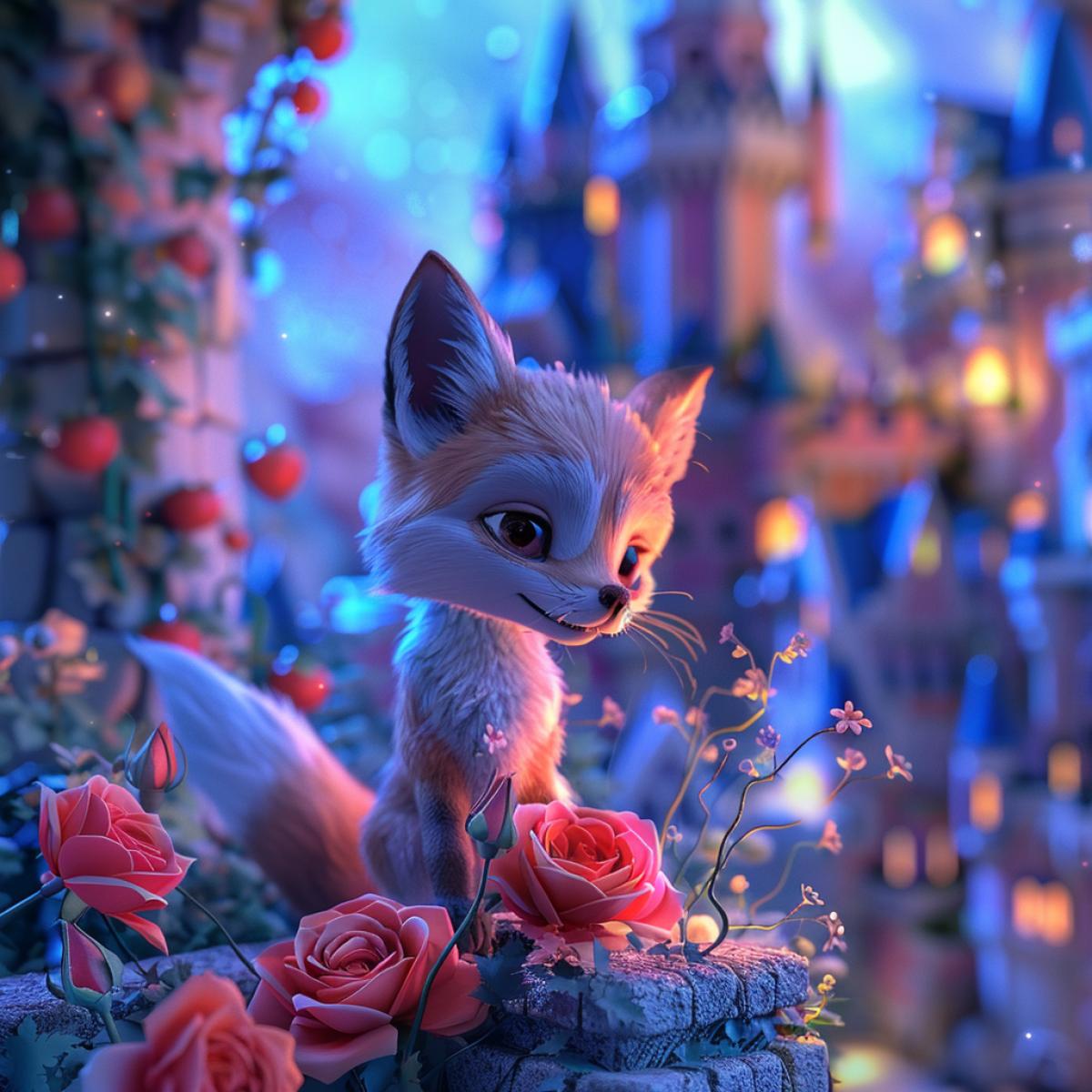 rose, castle, fox, disney style (refined, 4k),Super cool CG style,chibi style,3D rendering style, maxon cinema 4D, Octane render, 3D character figures,Pixar style, film photography,studio Ghibli style,Dreamy color style,with Coquelicot color,Turquoise,Neon blue color,by Hayao Miyazaki,by Japanese Illustrator Munashichi