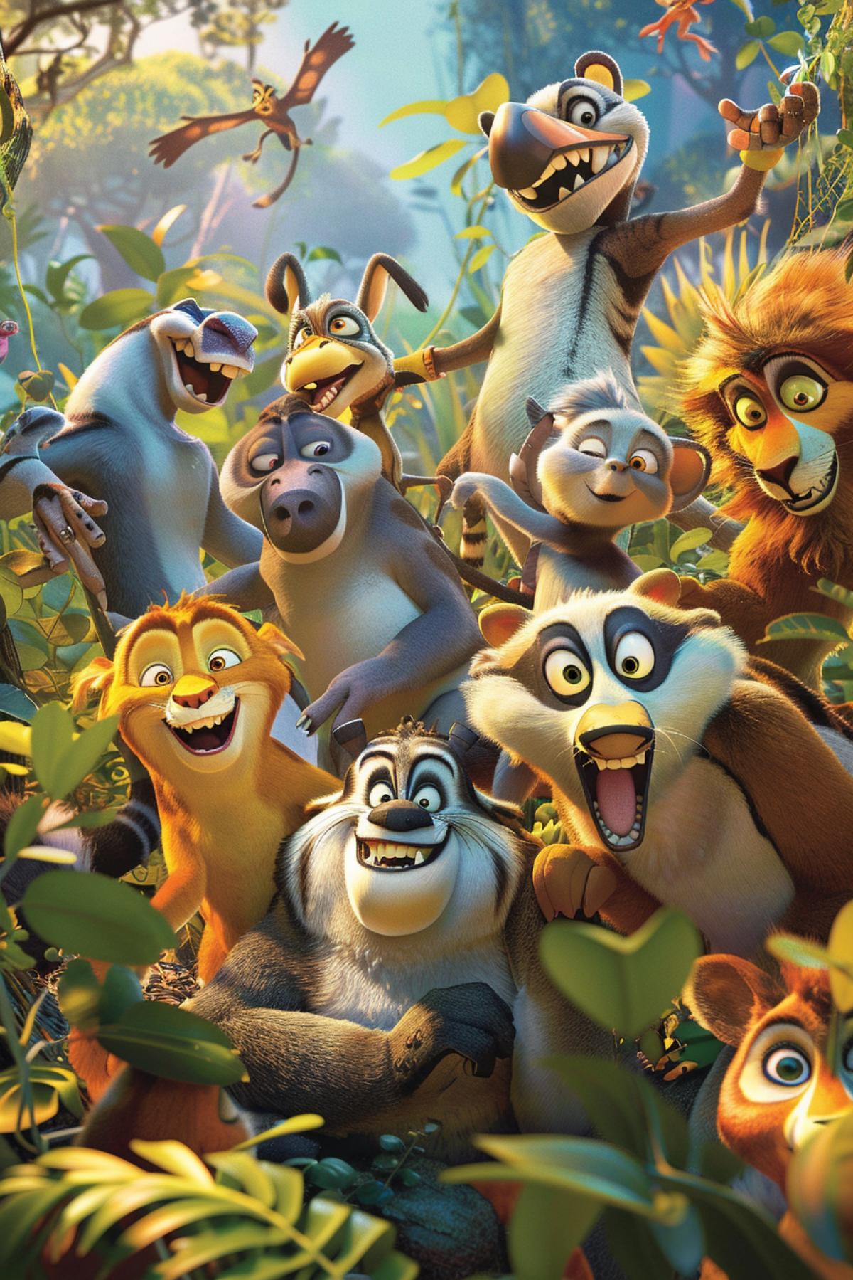 A whimsical and playful scene, depicting a group of cartoon animals, having fun and mischief, art by Disney, Warner Bros, and DreamWorks