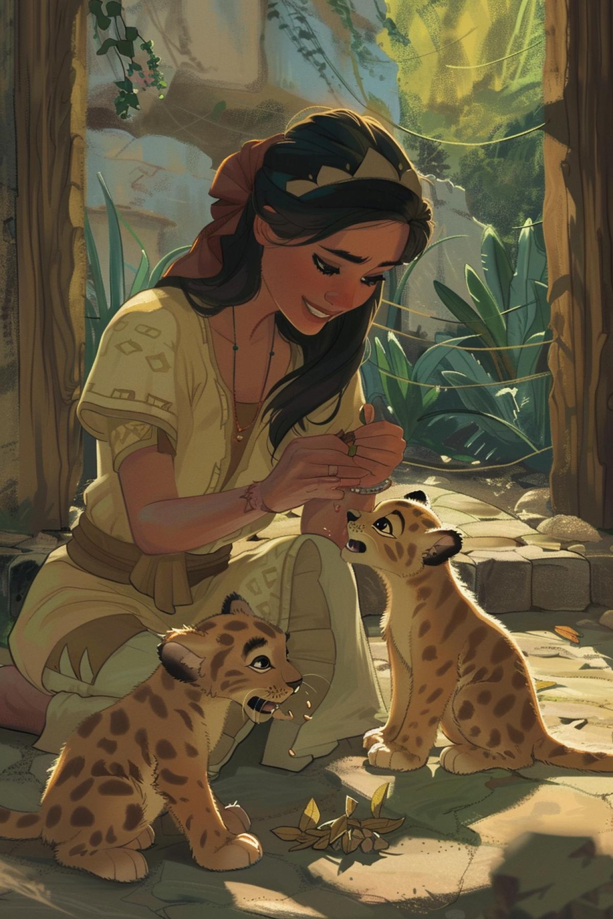 zookeeper sorceress feeding the baby djangelspöder cubs, enclosure room interior, disney, cartoon