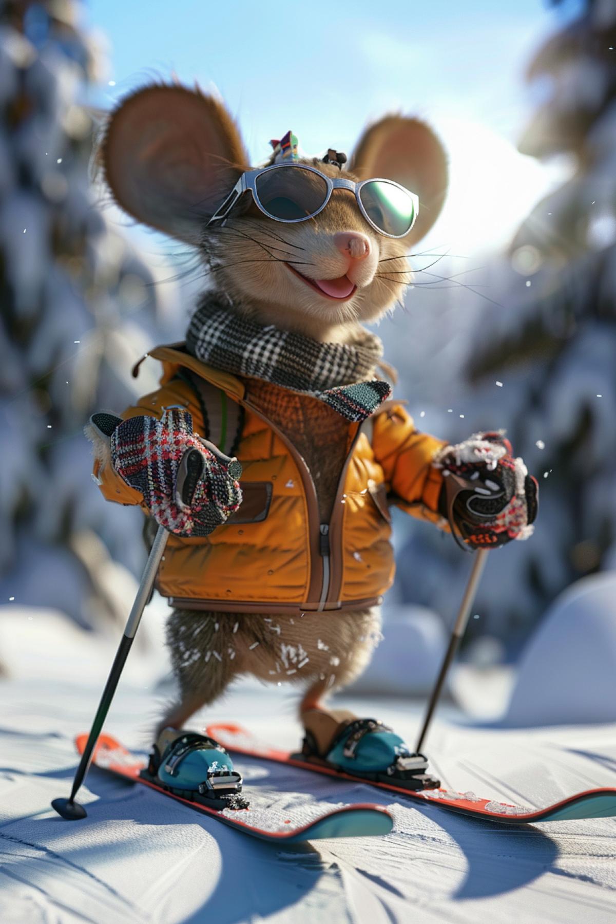 cartoon mouse with sun glasses in 3d cross country skispringen 4 schanzen tournee winter attire winter scene, photorealistic, hyperrealistic, naturalism, realism, very realistic, cinematic, in focus, panoramic , volumetric lighting, super realistic