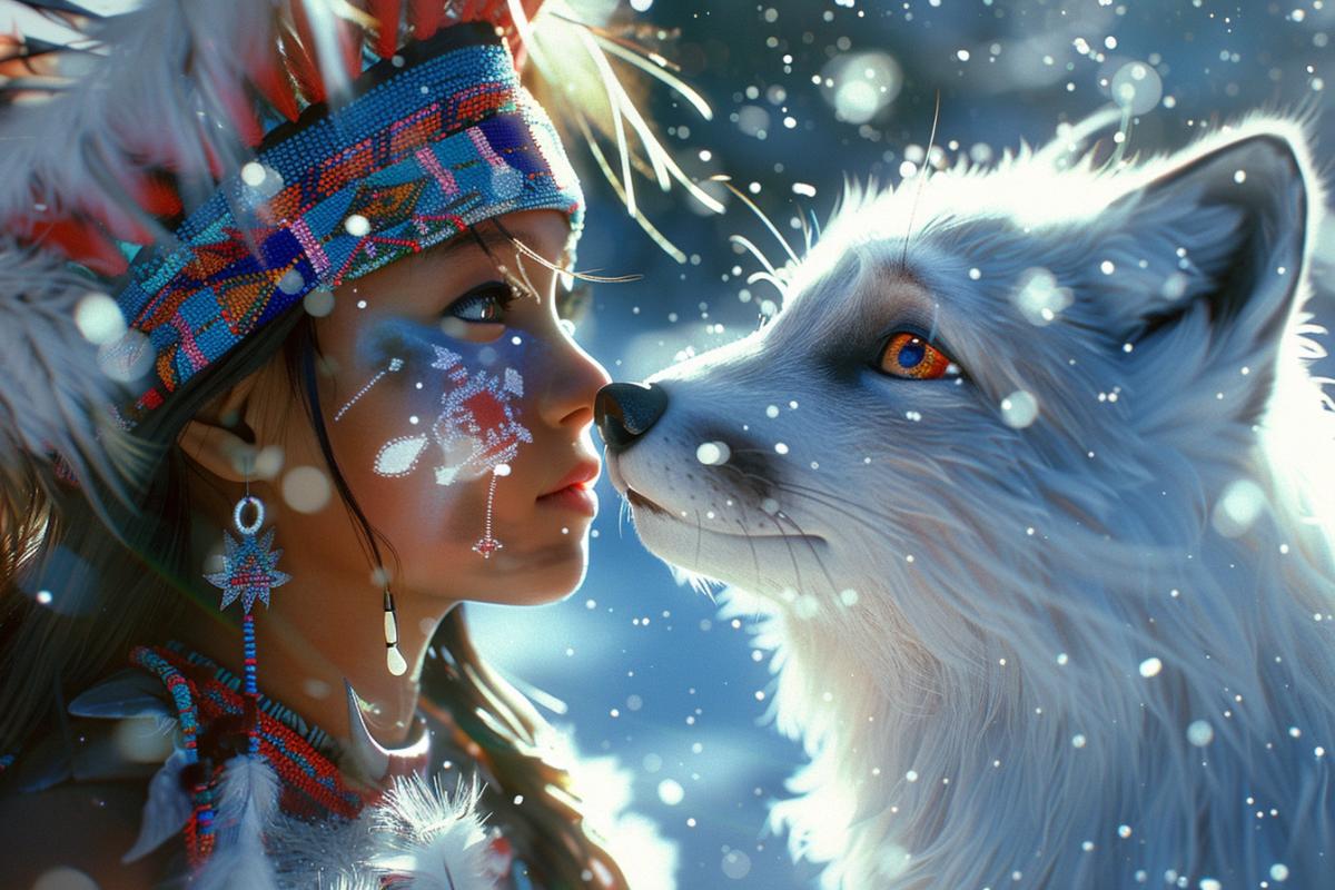 stunning disney pixar cartoon snowing cold, stunning cartoon native american girl with ultra colorful face paint and headdress in bright sunlight reaching up to the gods grateful and with tradition next to her fuzzy white arctic fox, feathers, faith, snowing, belief, glowing heart, life, many glowing snowflakes, stunning lighting, long hair blowing in the wind, tradition, full body ultra stunning native american girl and her arctic white fox, full shot, love in eyes, realistic eyes, beautiful perfect symmetrical face