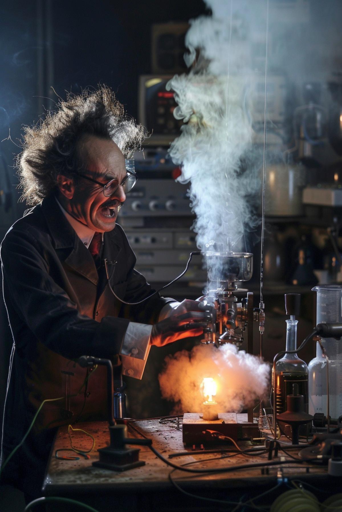 Evil scientist genius creates his invention in laboratory
