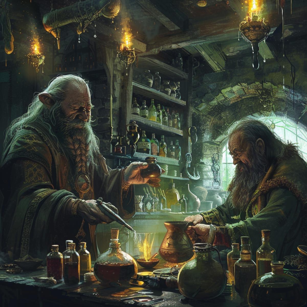 Dwarves create potions in a fantasy laboratory in Middle-earth, fantasy
