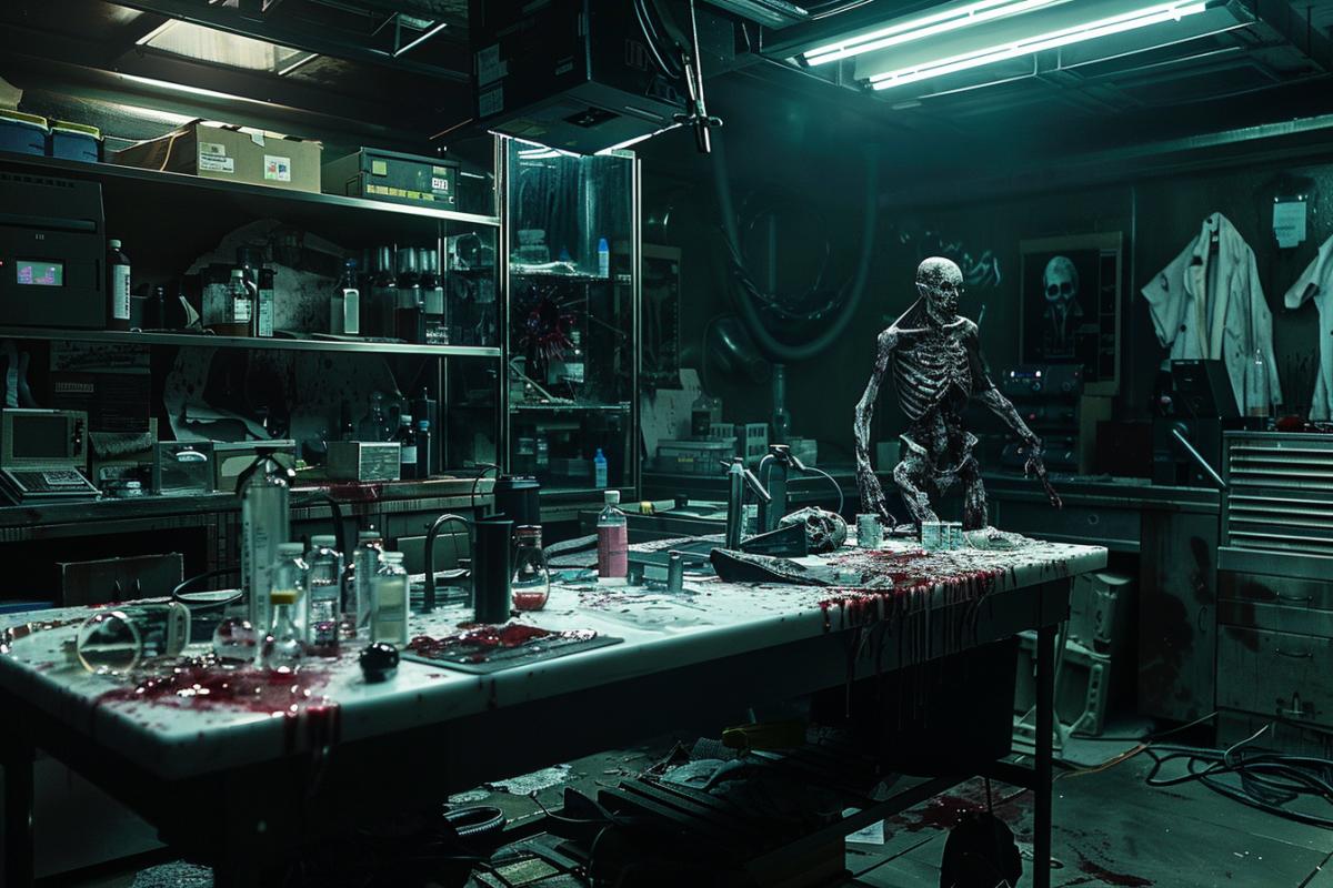 Laboratory, scientist, zombie, scene from resident evil