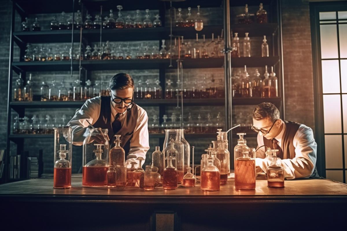 Chemists are doing chemicals in a sinister laboratory, many flasks, jars of acid, mysterious chemistry