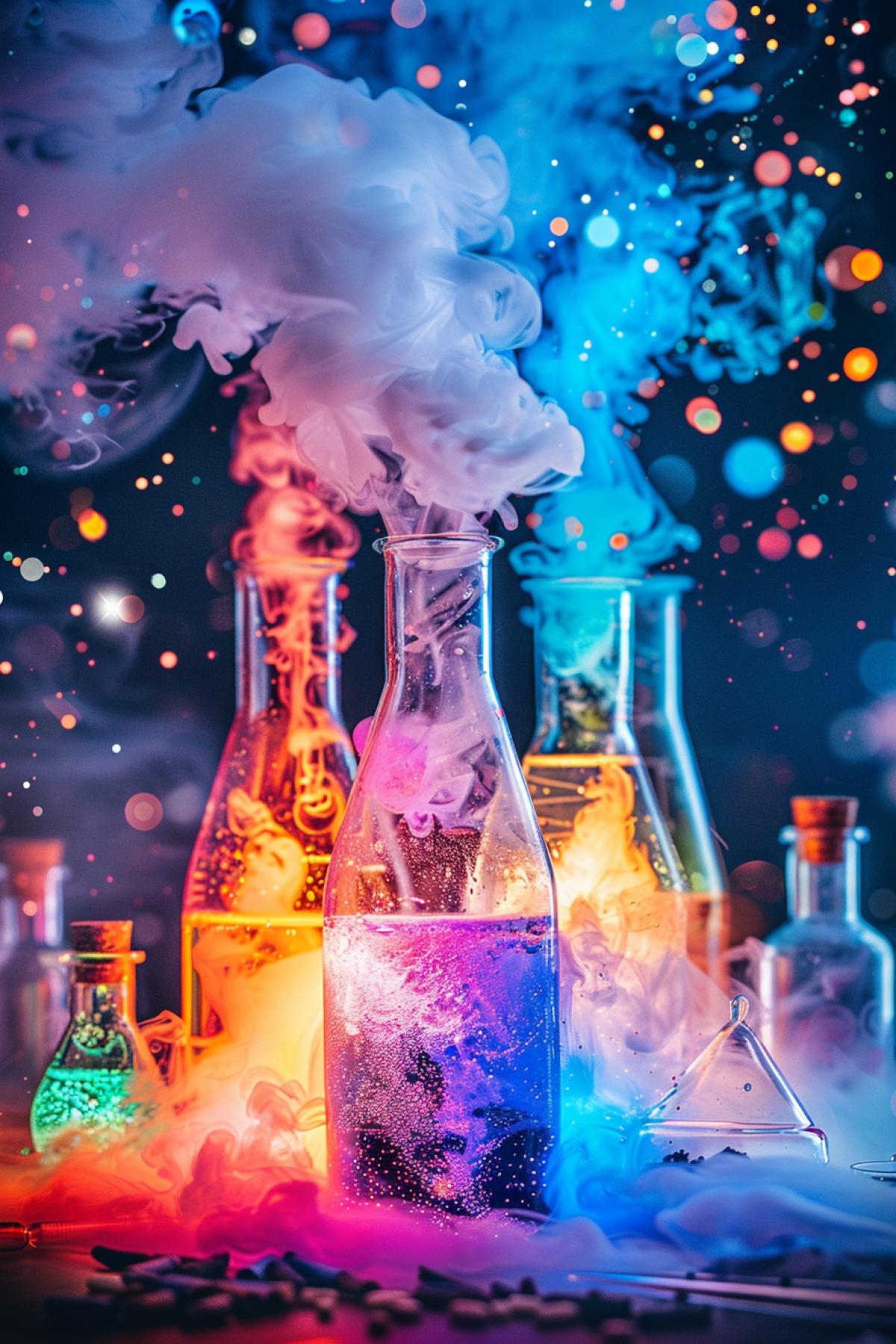Chemists are doing chemicals in a sinister laboratory, many flasks, jars of acid, mysterious chemistry
