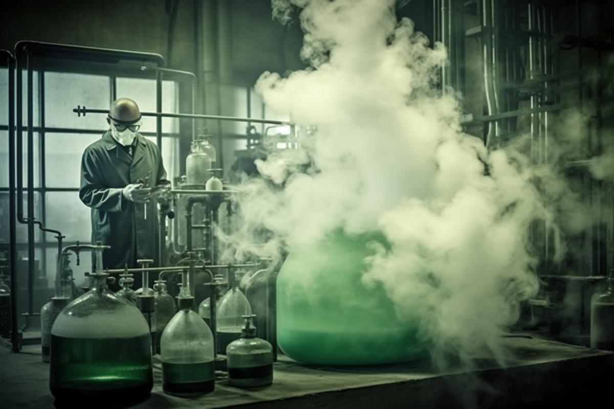 Chemists are doing chemicals in a sinister laboratory, many flasks, jars of acid, mysterious chemistry