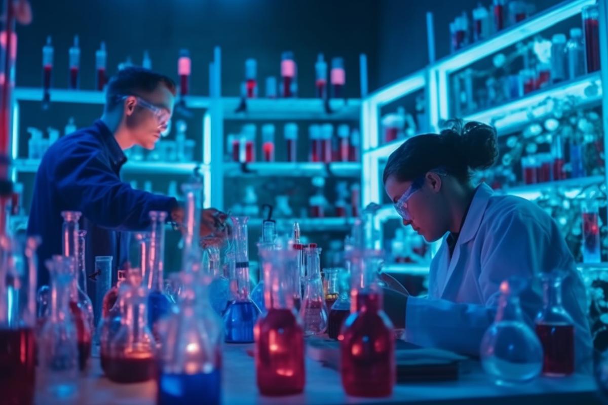 Chemists are doing chemicals in a sinister laboratory, many flasks, jars of acid, mysterious chemistry