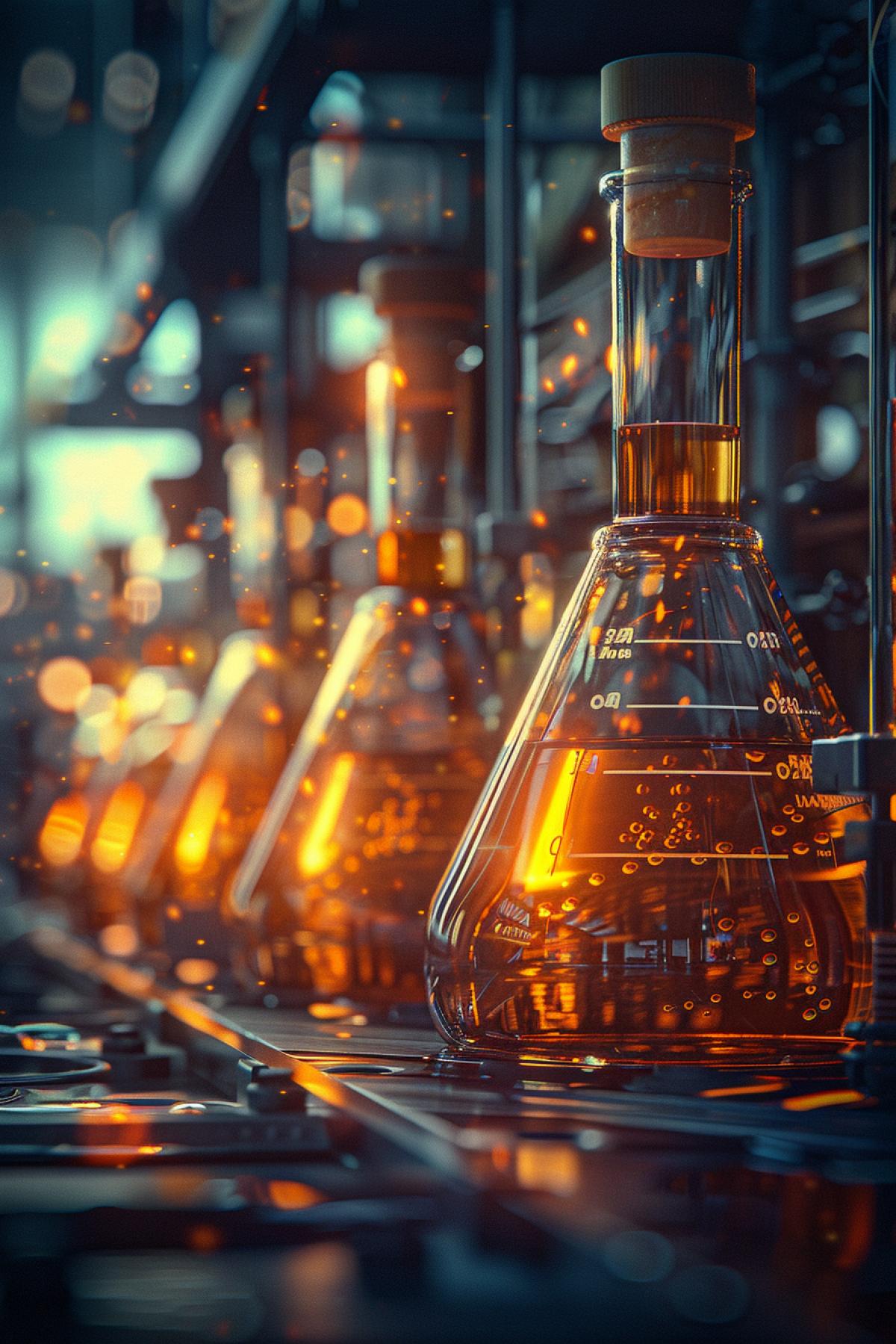 Chemists are doing chemicals in a sinister laboratory, many flasks, jars of acid, mysterious chemistry