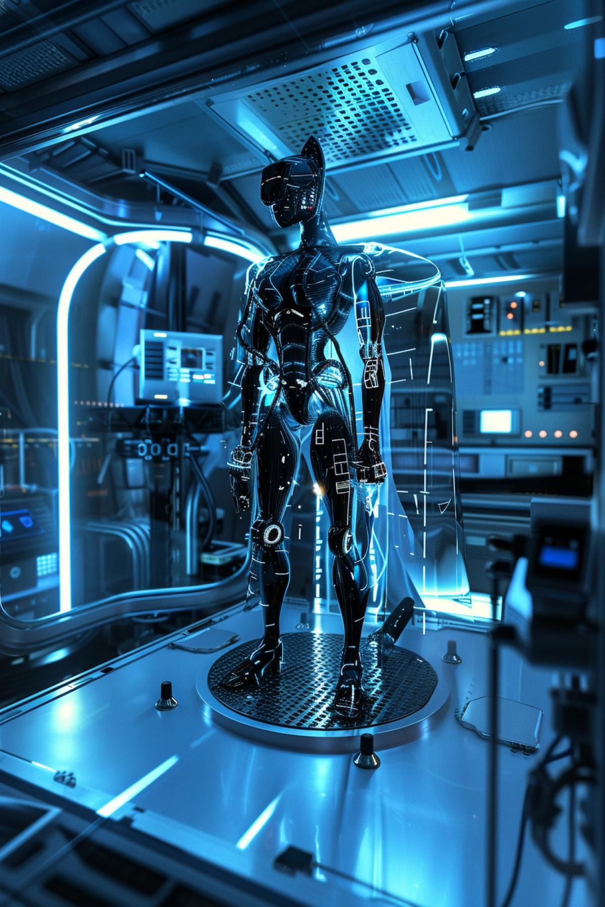 A futuristic laboratory with a sci-fi twist, featuring a cat-like female robot. Sleek, high-tech, sophisticated, powerful, and agile. A digital camera with a wide-angle lens. Bright laboratory lighting with metallic surfaces and neon accents. Cold, clinical, with metallic hues. High-contrast monochrome look with a hint of blue.