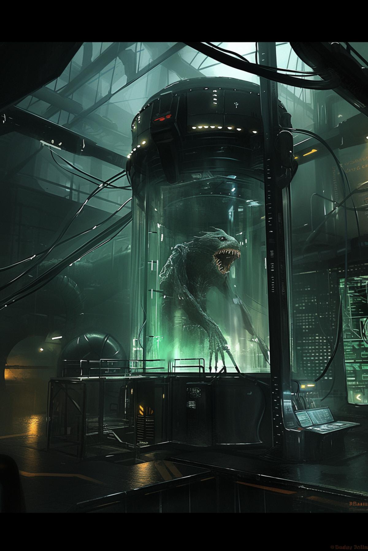 science laboratory, large capsule with an anthropomorphic monster, dark atmosphere, future technology, water chamber, science laboratory, gas mask in skullface style, sci fi style, dark atmosphere, by David Palumbo, highly detailed, packed with hidden details, style, high dynamic range, hyper realistic, realistic attention to detail, highly detailed, 32K, intense close ups, uhd image, realism, colorful realism