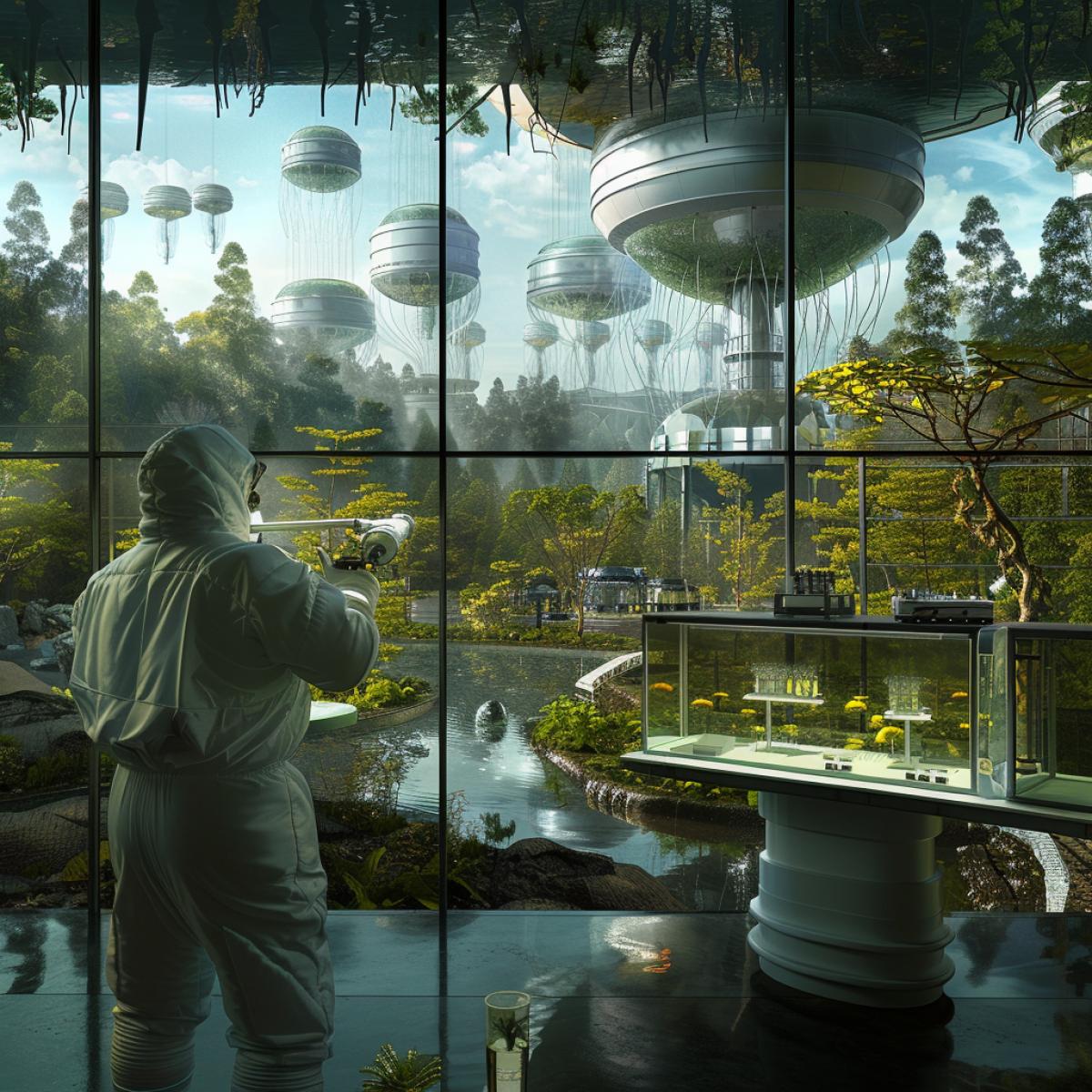 ExoTech is a laboratory dedicated to the study of extraterrestrial life forms. Laboratory windows provide breathtaking views of picturesque forests and oceans. In the background lies a laboratory complex consisting of modular domes, each of which conducts experiments. Scientists, in protective suits, study mysterious samples of alien plant life collected on their latest space expedition. In the center of the laboratory there is a huge aquarium where peaceful alien creatures swim, causing surprise and interest among scientists