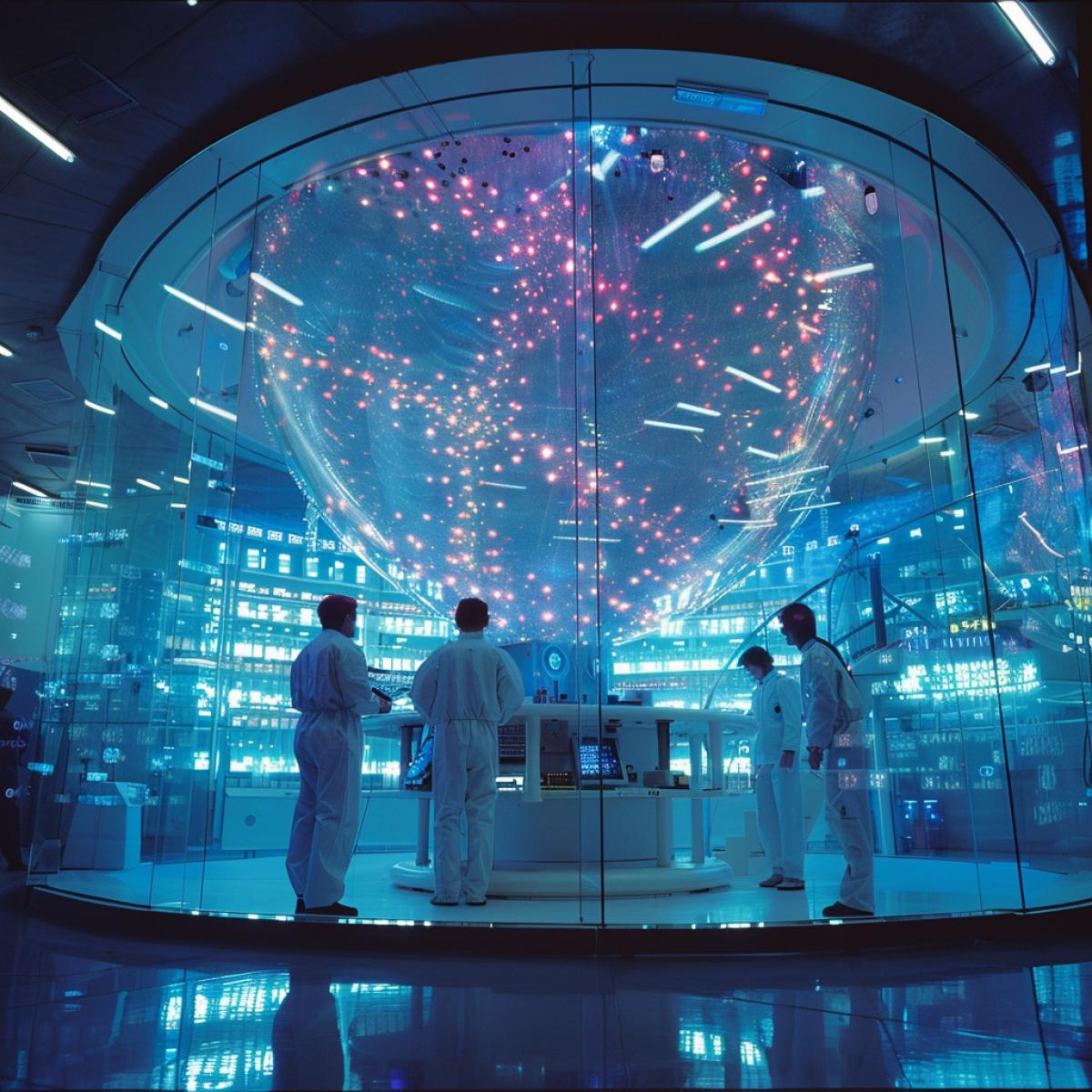 Inside a vast spherical complex surrounded by holographic projections of DNA lies Genesis, a majestic bio-genetics laboratory. Scientists in scrubs, focused on high-tech instruments, are working on revolutionary methods for modifying the genome. In the corner of the laboratory there is a huge bioreactor in which the synthesis of new species of organisms occurs. In the center of the room, on a pedestal, stands a two-meter tall DNA model, symbolizing the constant desire to understand the life code. Leading scientist, Professor Carter, stands in front of a holographic screen, trying to unravel the latest mysteries of biological evolution. In the corner stands a young laboratory assistant, Emilia, conducting experiments to create genetically modified organisms resistant to viruses.