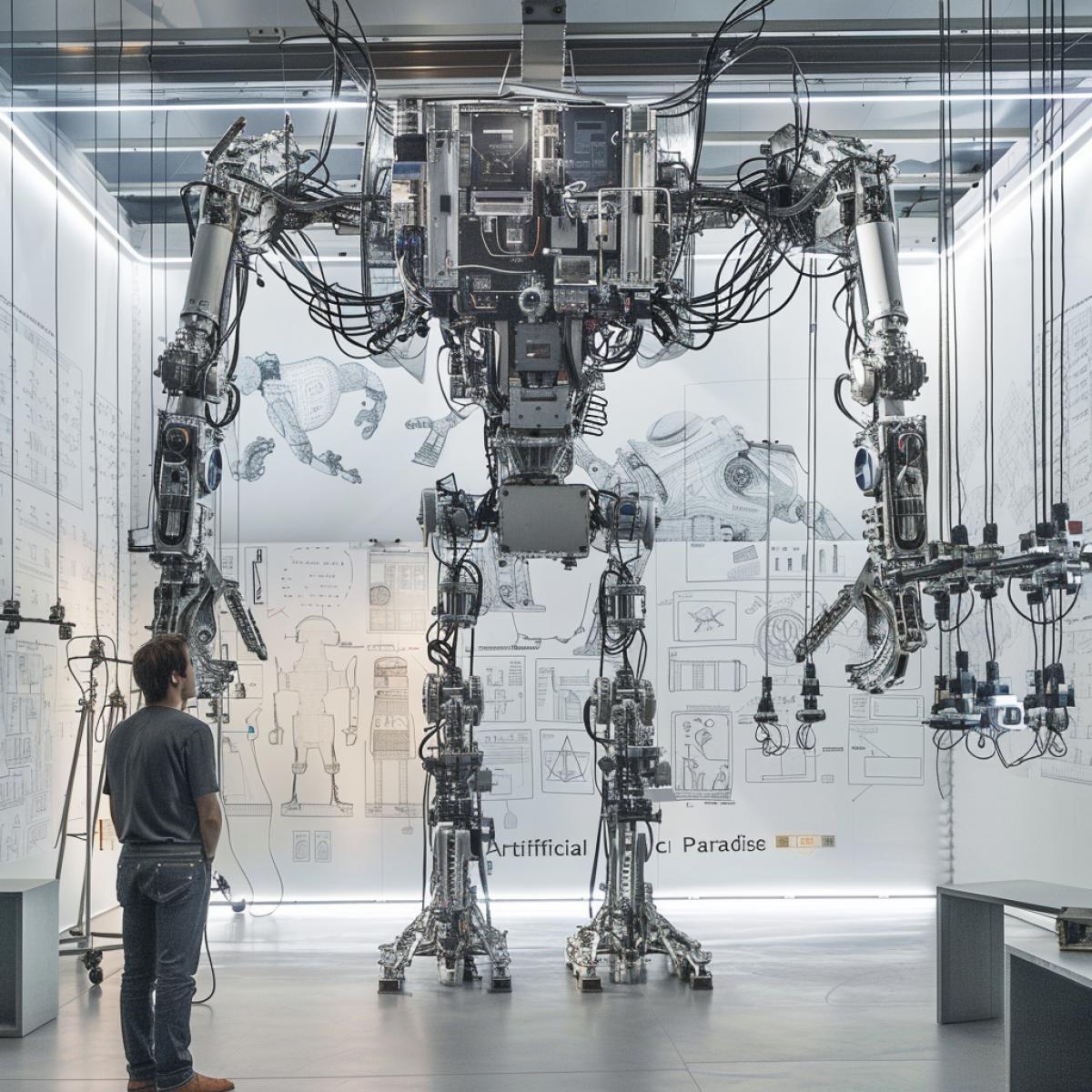 \"Artificial Paradise\" is a laboratory dedicated to creating self-aware robots. Mesmerizing metal structures and a multitude of cables create the impression of a future where man and machine become inextricably linked. At the center of the laboratory is a giant prototype of an android, which is being tested for its ability to react emotionally and learn on its own. Chief Engineer, Dr. Lockwood, views his creations with pride and concern, dreaming of an ideal world where robots and humans live in harmony. Drawings and diagrams are hung along the walls, reflecting the complexity of creating artificial intelligence.