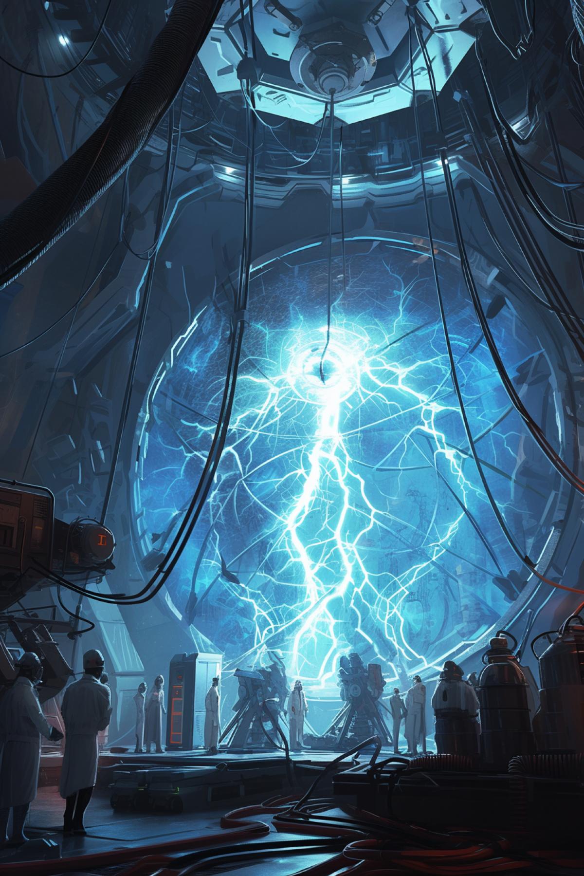 scientific laboratory, large space spatial portal, group of scientists, energy impulses, dark and horror style, By Jakub Rozalski, realistic depiction of light, light blue and silver, solarizing master, cut/ripped, energetic frenzy, hard lines, in dynamics, highly detailed, packed with hidden details, style, high dynamic range, hyper realistic, realistic attention to detail, highly detailed, 32K, intense close ups, uhd image, realism, colorful realism