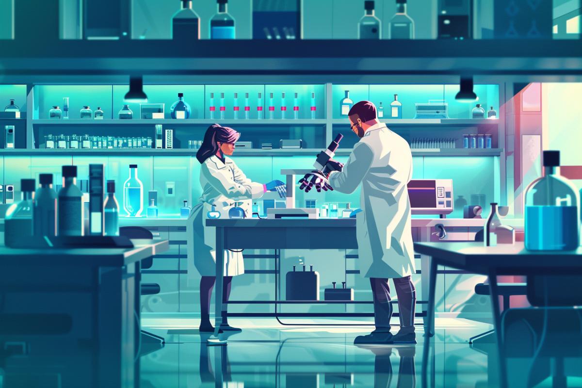 Create images of exciting scenes of scientific research in laboratories. interesting interiors of laboratories with scientific equipment and instruments, two connected scientists conducting experiments