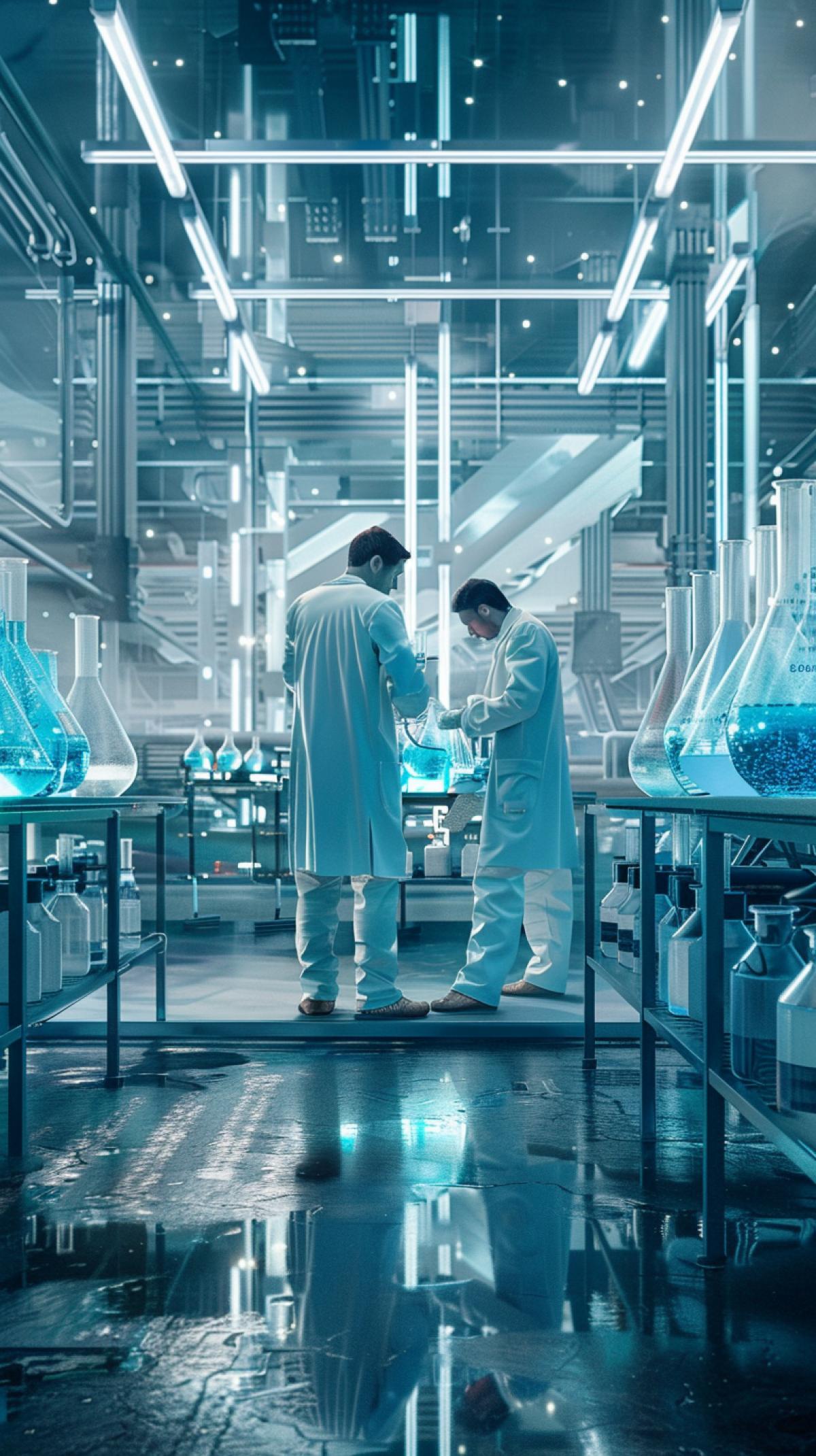 Two Scientists conduct a chemical experiment in a modern laboratory. Photorealistic