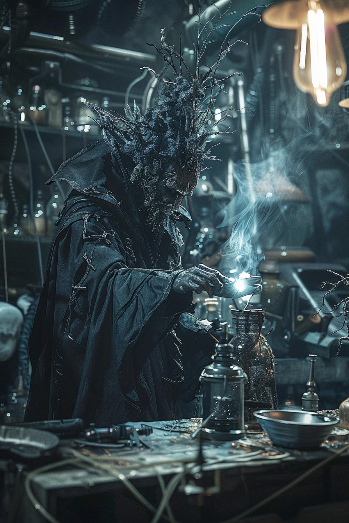 Dark necromancer creating terrible monsters in an underground laboratory, cinematic