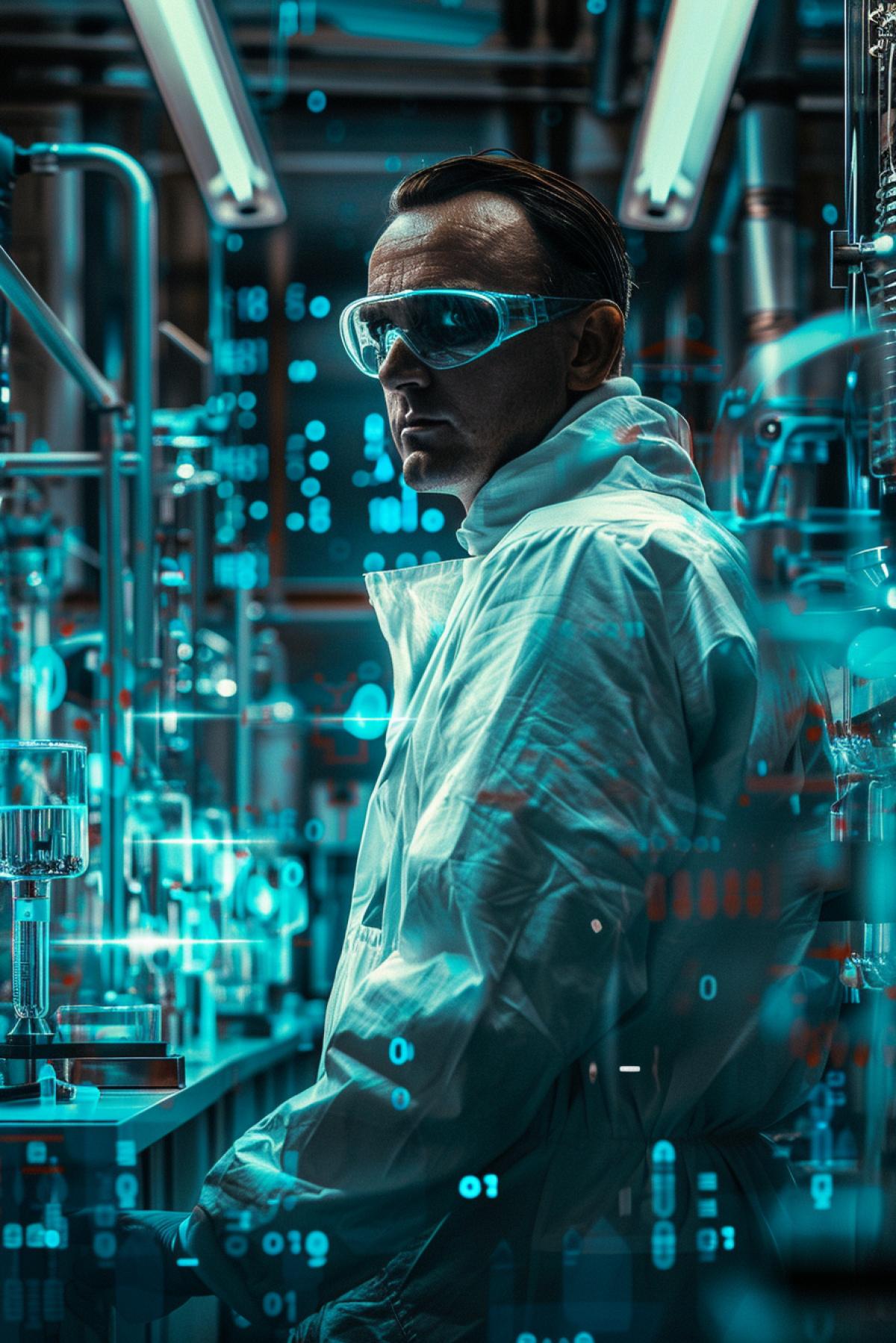A scientific engineer hacker seen from the front in an experimental laboratory in plant from the 1950s retro modern, RTX, ultra high quality, photo realistic, a binary background