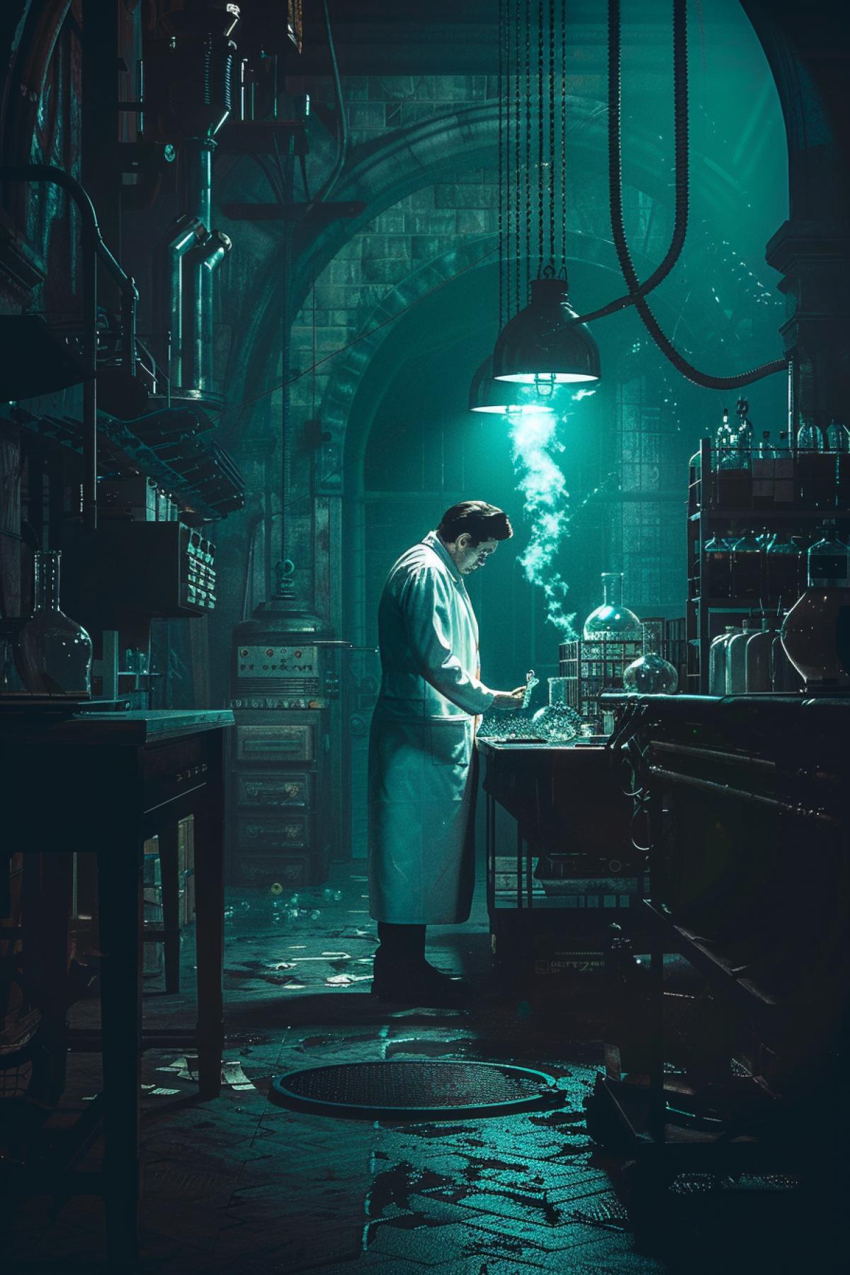 A terrible cyber pathologist doctor in a secret laboratory, horror, gothic, cinematic, atmospheric, photorealistic, mysterious light