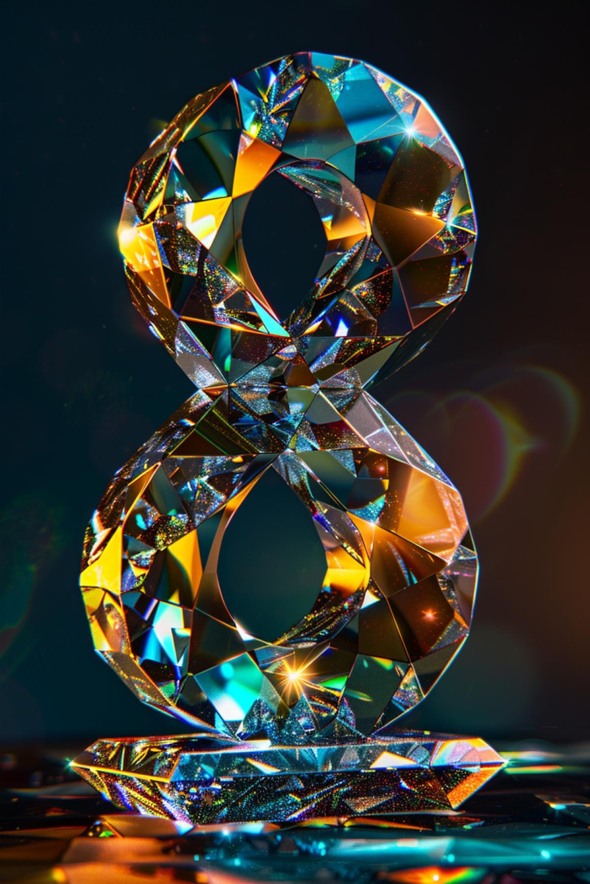 Professional photo, diamond statuette in the form of the number 8 with gold patterns. Close-up. The background is dark. Beautiful reflections and iridescence of light