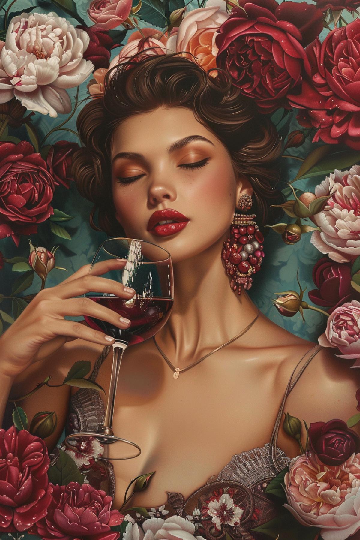 feminist revolutionary propaganda poster, beautiful woman with a glass of wine, roses, peonies, Photorealism, hyper details