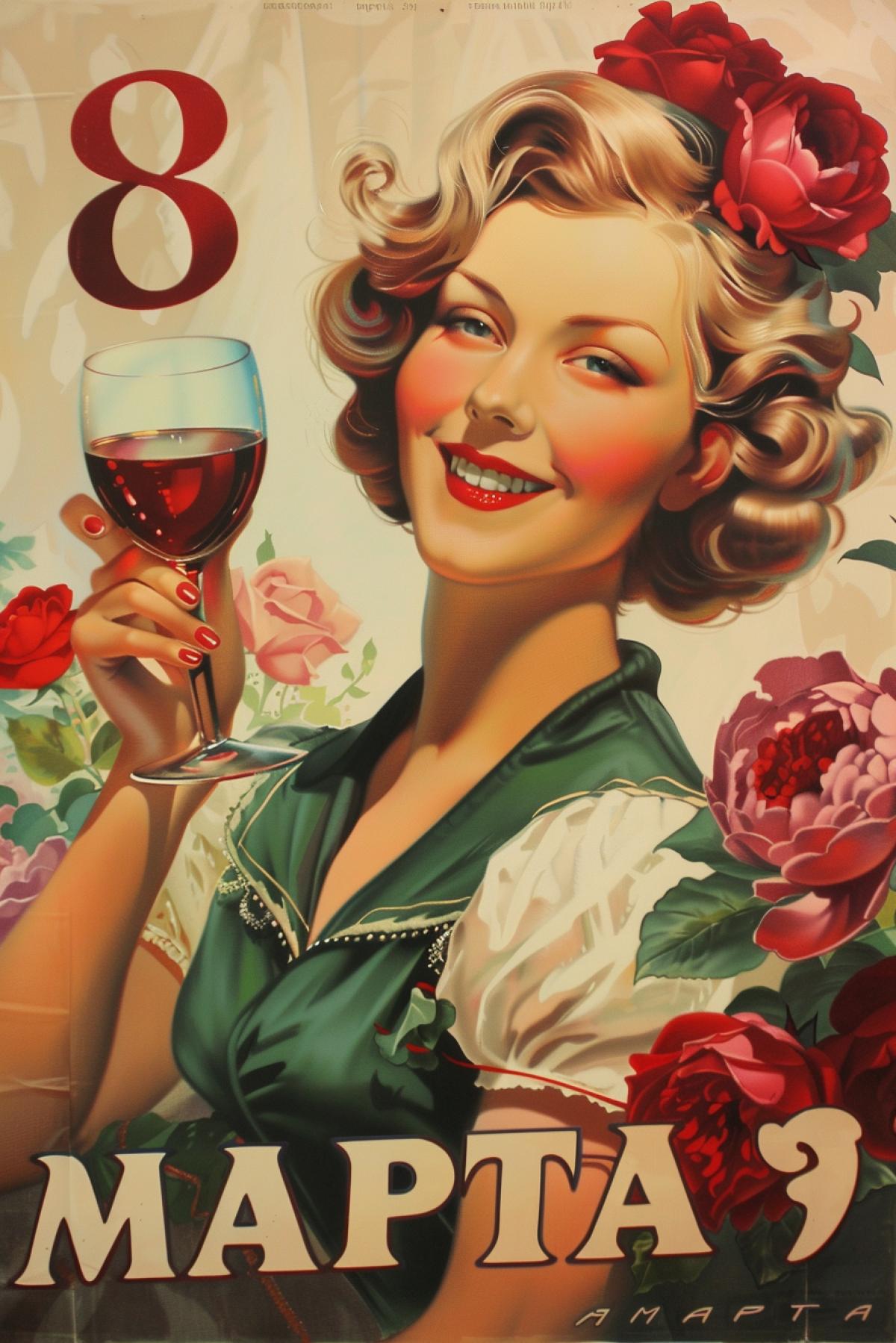 Soviet feminist revolutionary propaganda poster With the text \"8 MAPTA\", beautiful woman with a glass of wine, roses, peonies, Photorealism, hyper details
