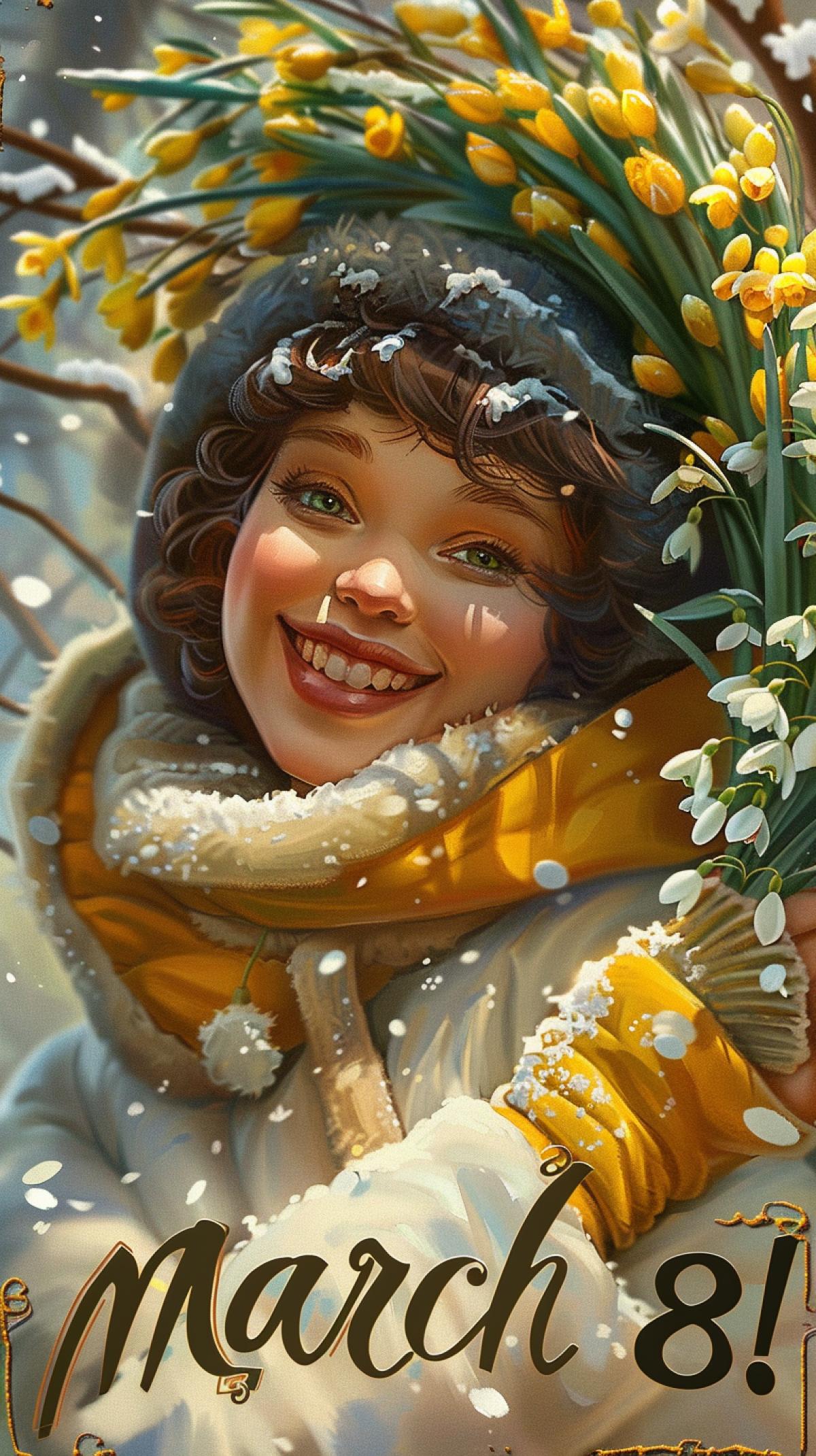 Photorealistic. A happy girl in a bouquet of mimosas and snowdrops with the inscription on the bottom \"March 8!\"
