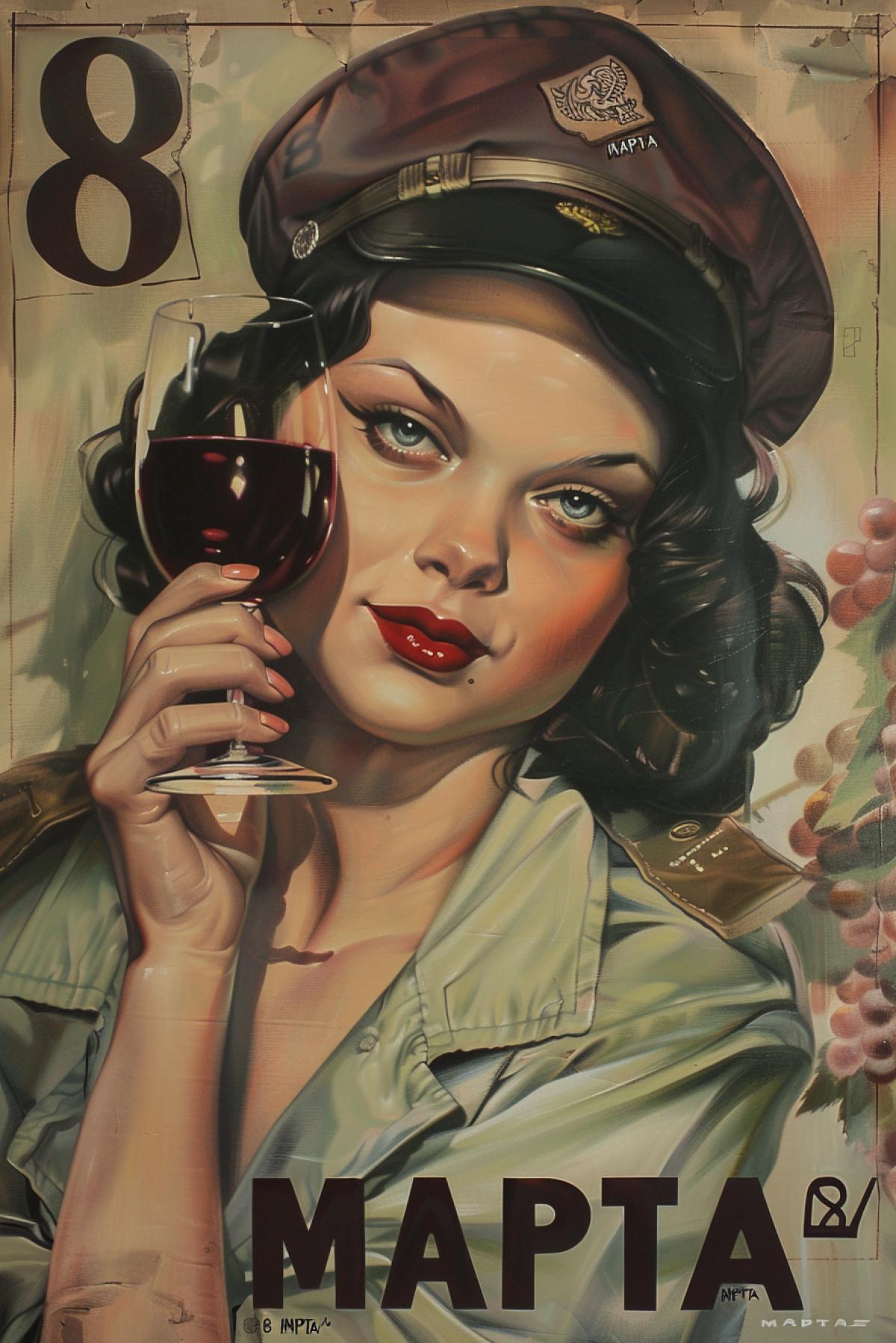 Soviet feminist revolutionary propaganda poster With the text \"8 MAPTA\", beautiful woman with a glass of wine, Photorealism, hyper details