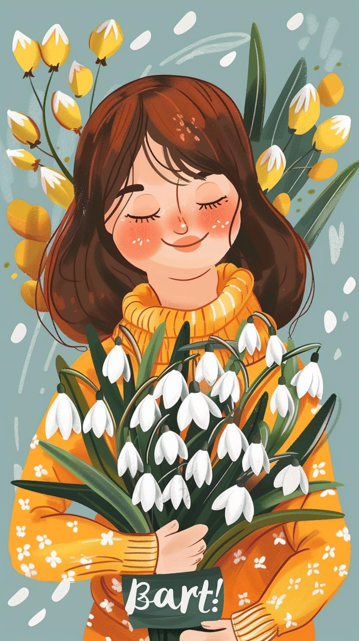 Happy girl in a bouquet of mimosas and snowdrops with the inscription March 8th!