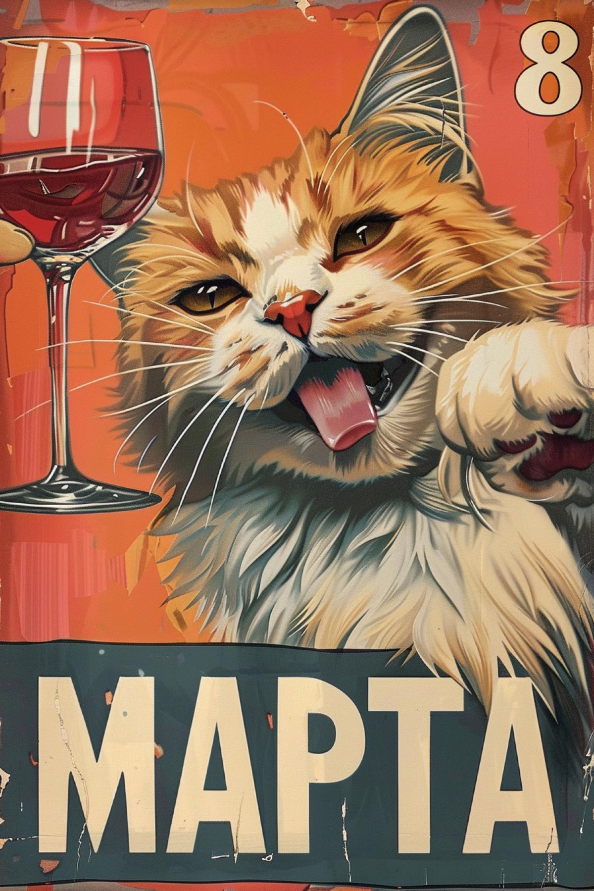Soviet feminist revolutionary propaganda poster With the text \"8 MAPTA\", beautiful cat with a glass of wine, Photorealism, hyper details