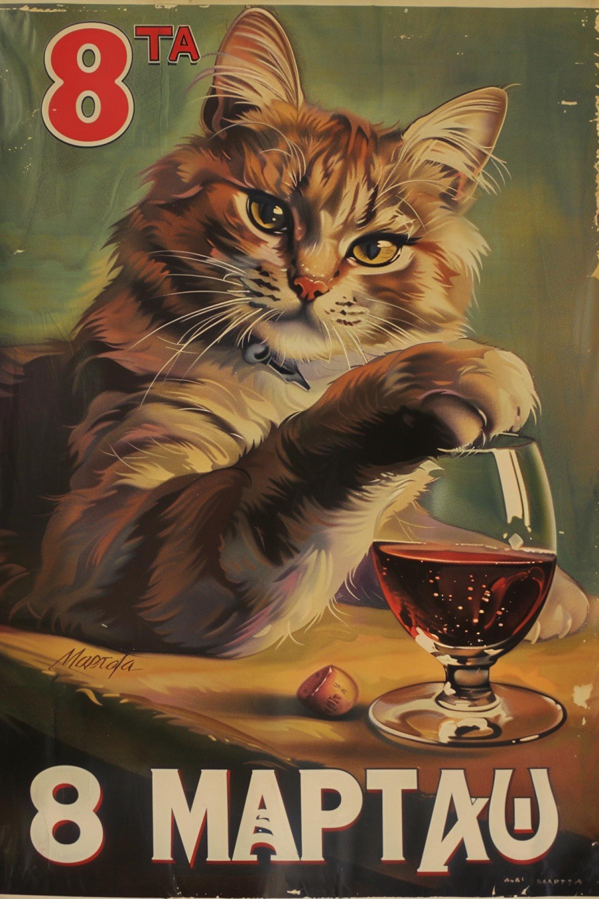 Soviet feminist revolutionary propaganda poster With the text \"8 MAPTA\", beautiful cat with a glass of wine, Photorealism, hyper details