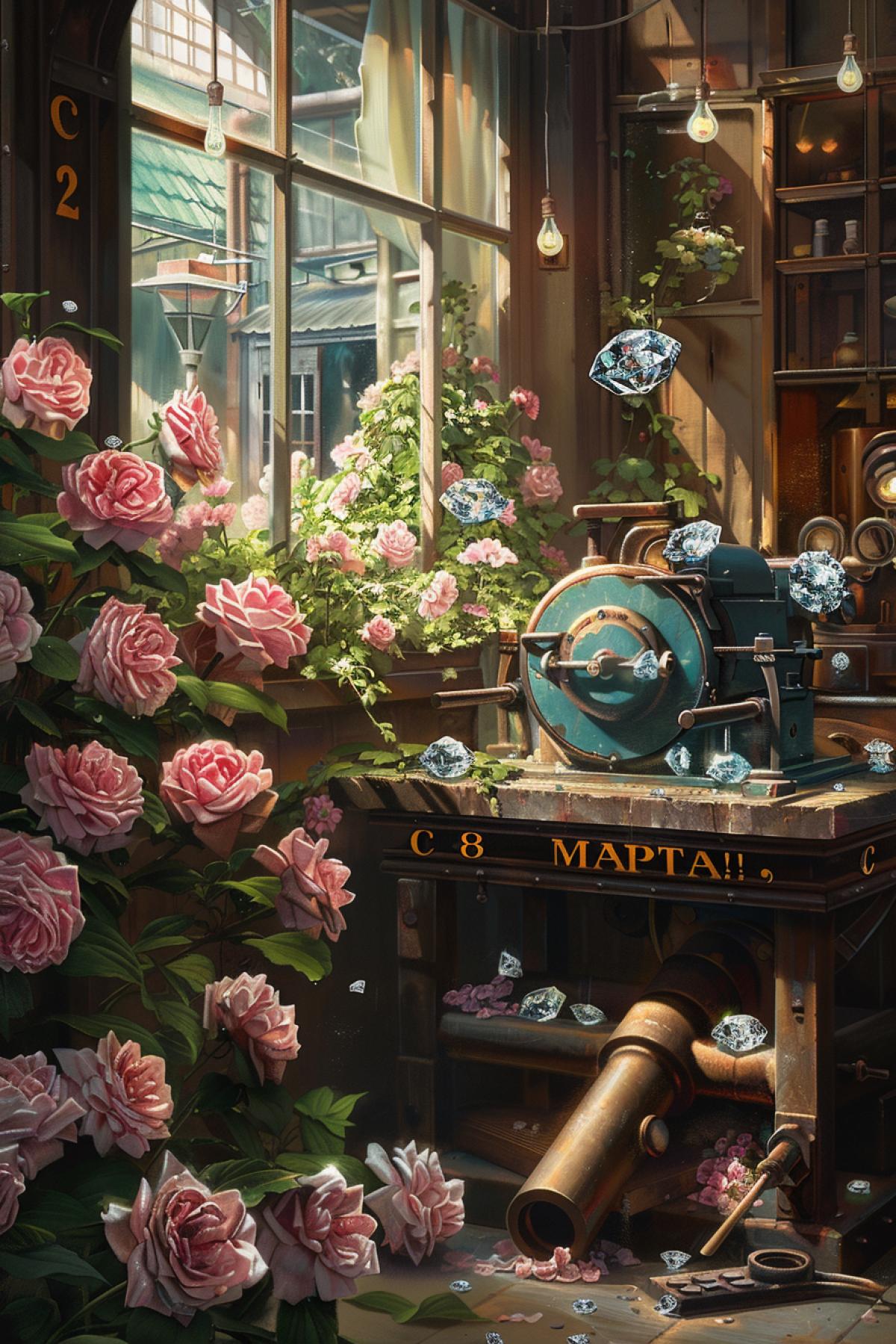 Diamonds, a lathe, a bouquet of flowers, a large inscription \"C 8 MAPTA!\"
