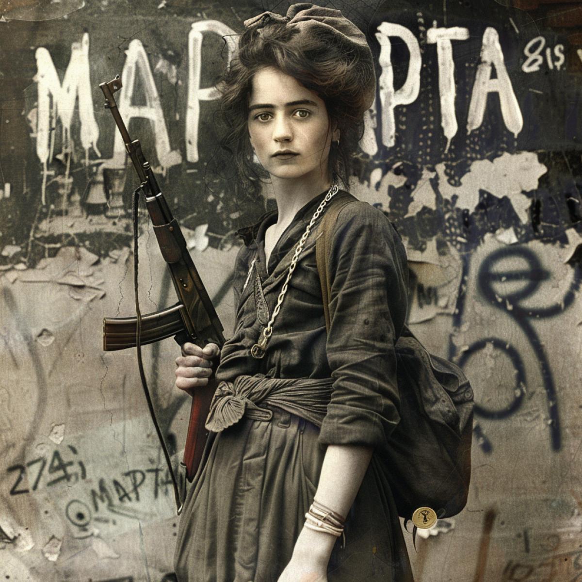 A 1900 photo with the text, feminist revolutionary propaganda, With the text \"8 MAPTA\", beautiful Woman, Photorealism, hyper details