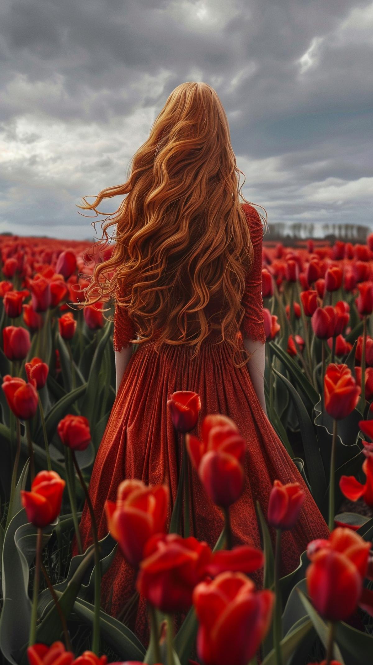 Beautiful Woman with very long hair stands in a field of tulips, photorealistic, rich colors, breathtaking, dynamic scene