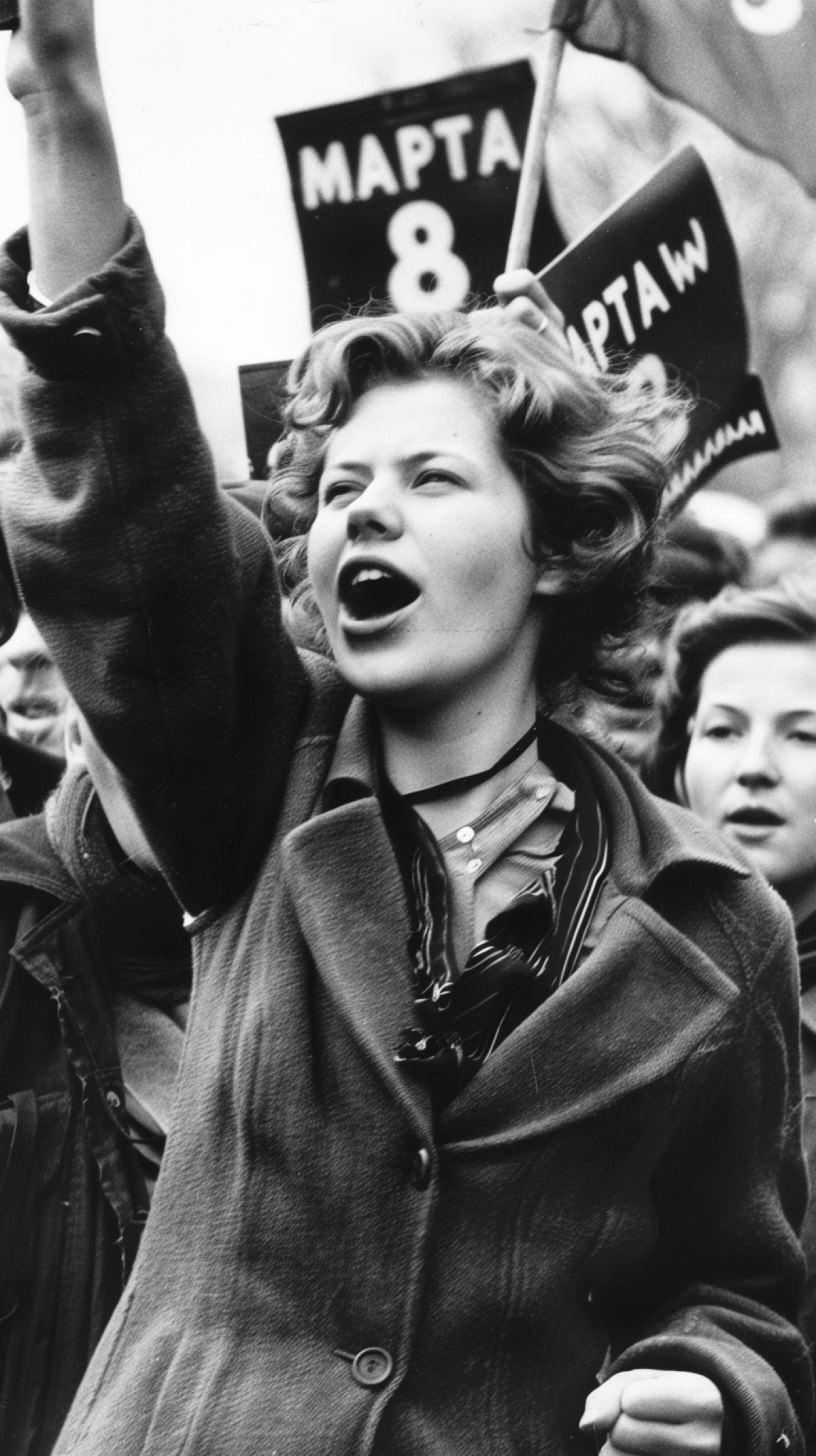 A 1950 photo, feminist revolutionary propaganda, With the text \"8 MAPTA\", beautiful Woman, Socialist Realism, Photorealism, hyper details