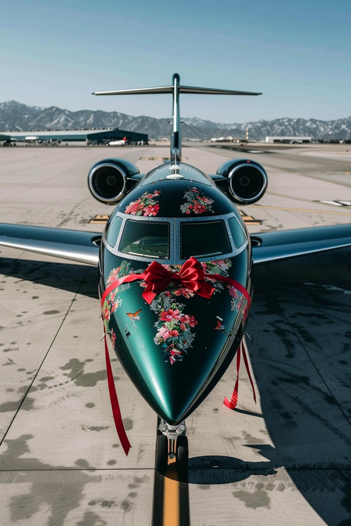 A private luxury jet in a floral pattern, tied with a gift ribbon and a bow, sits on the runway, photo from Tumblr.