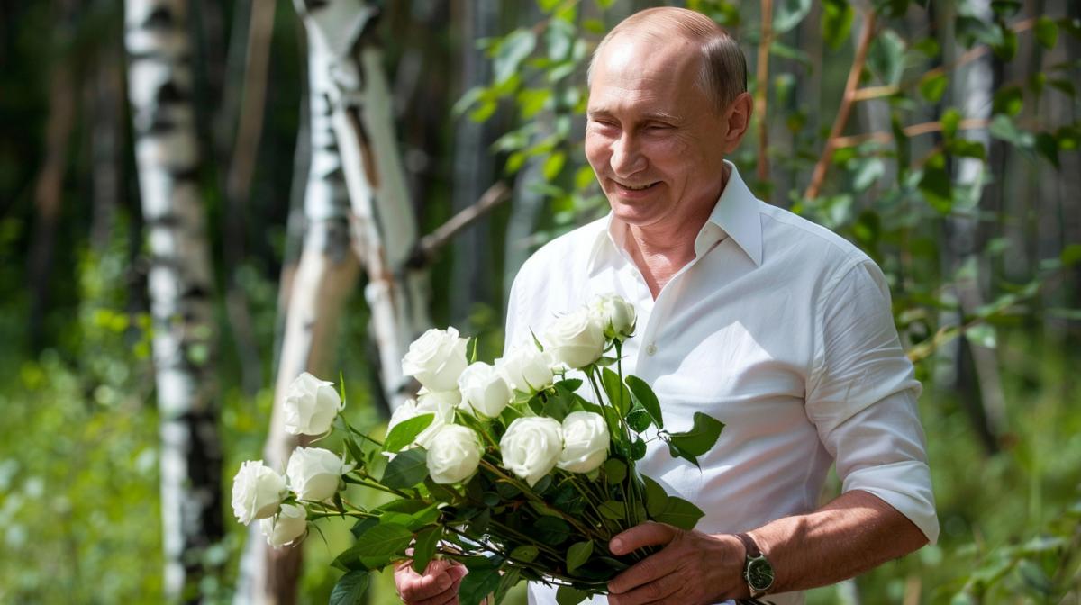 Putin, wearing a white shirt unbuttoned to the detailed, smiles and holds out a bouquet of white roses against the backdrop of a birch grove.