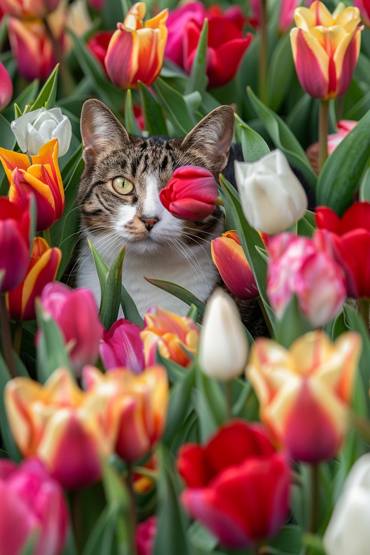 Cat in a sea of ​​tulips, top view.