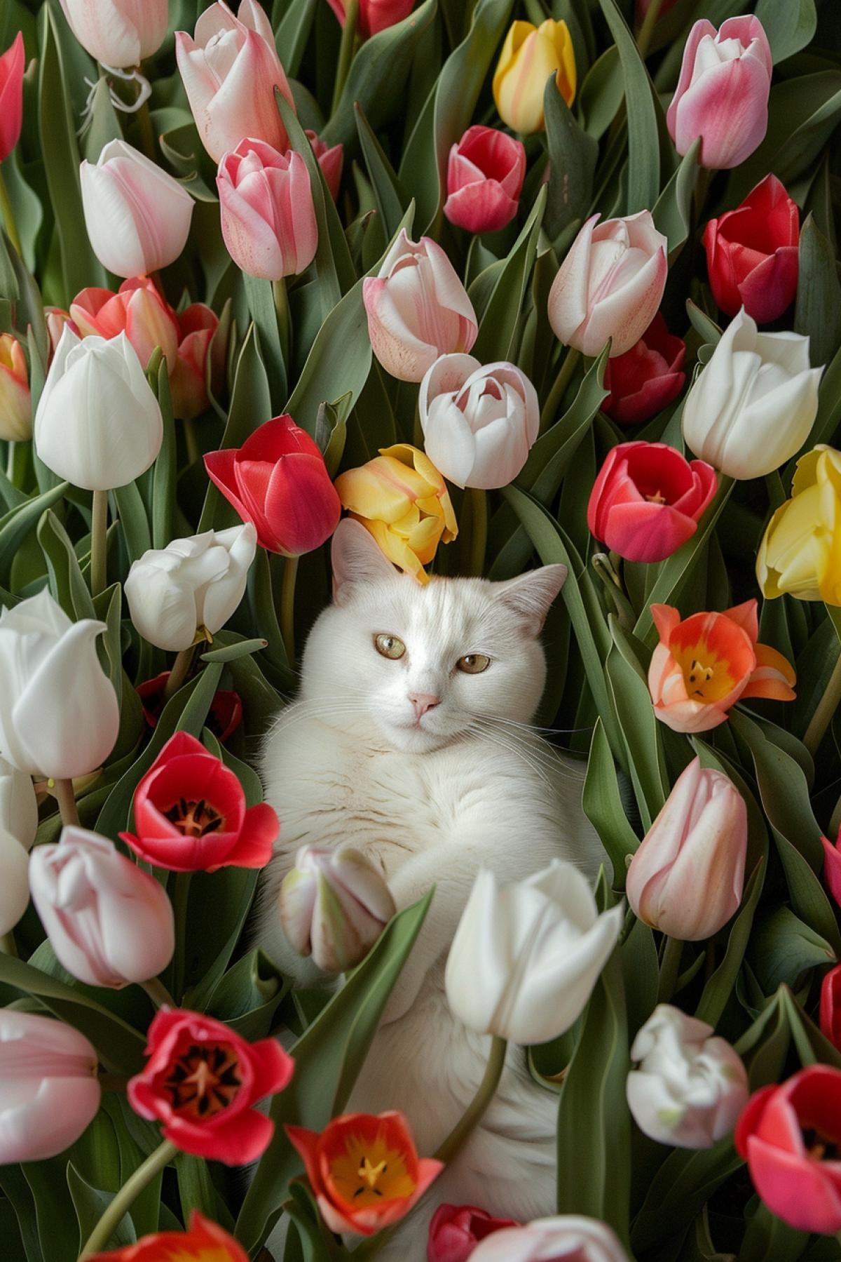 Snow-White Cat in a sea of ​​tulips, top view.