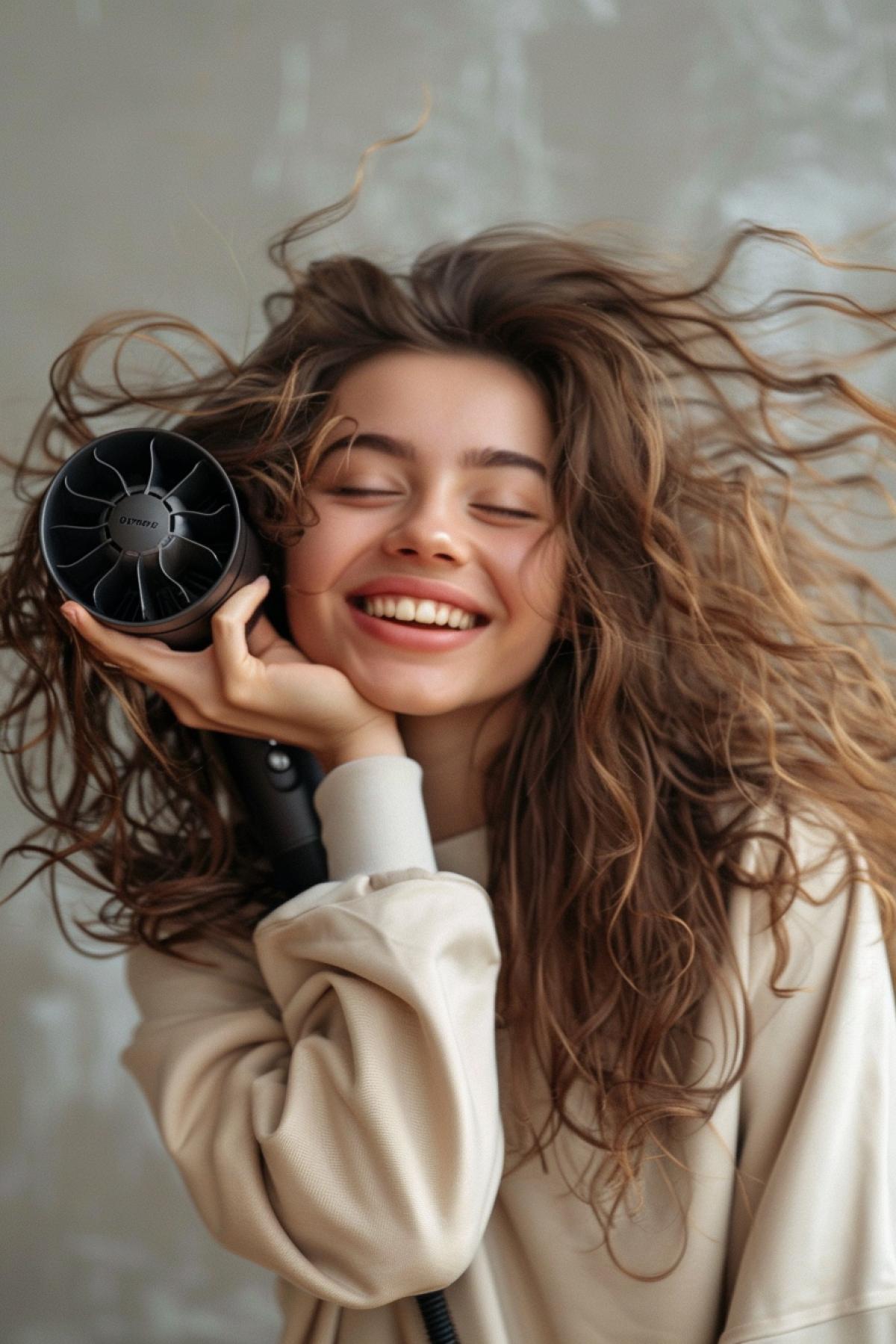 Happy girl drying her hair with a Dyson hairdryer