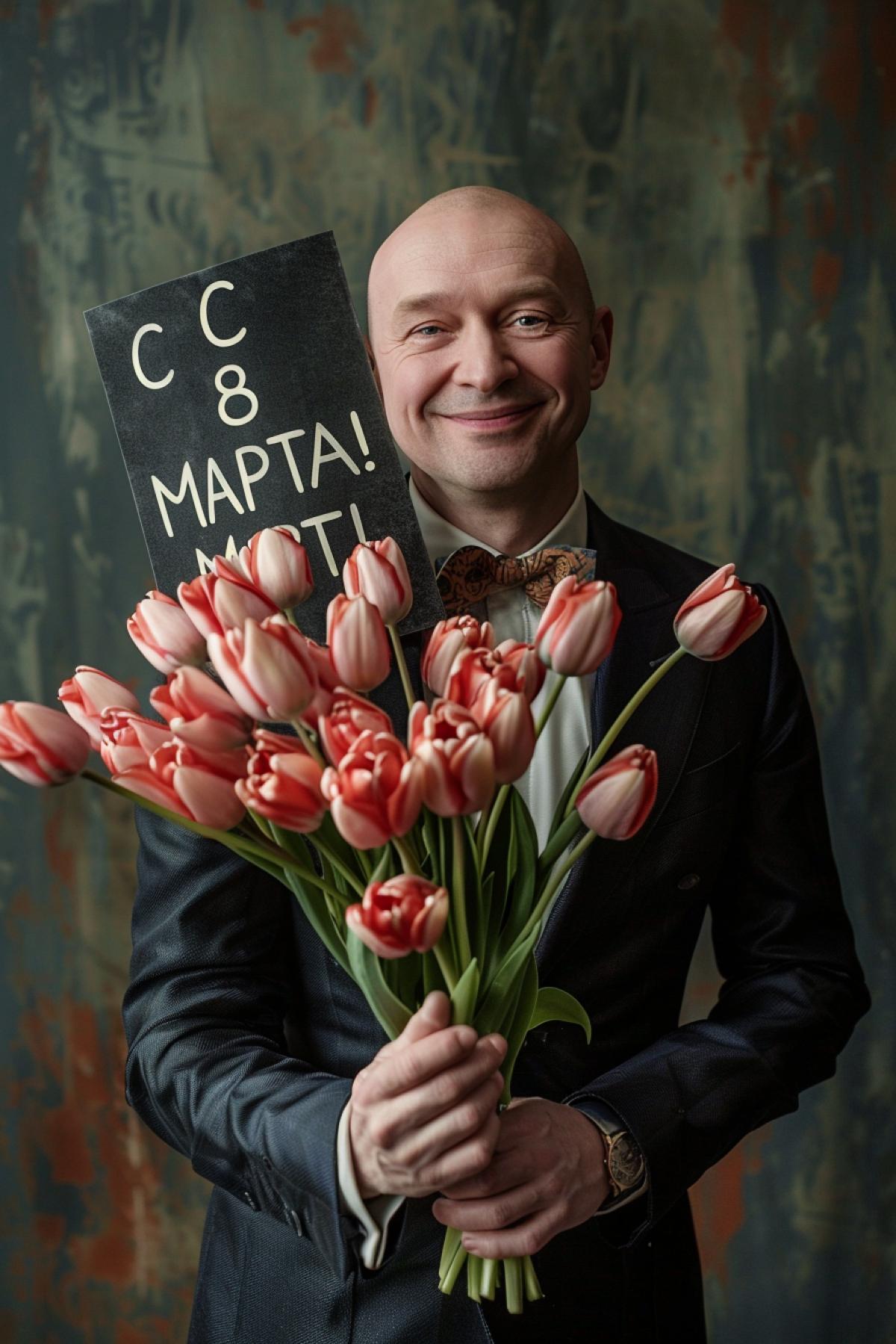 a man with a flows in his hand, the inscription made by tulips \"C 8 MAPTA!\"