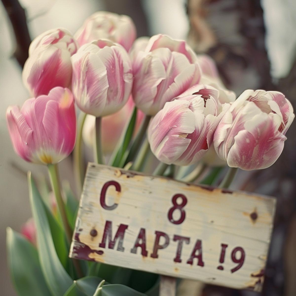 the inscription is lined with buds by tulips \"C 8 MAPTA!\"